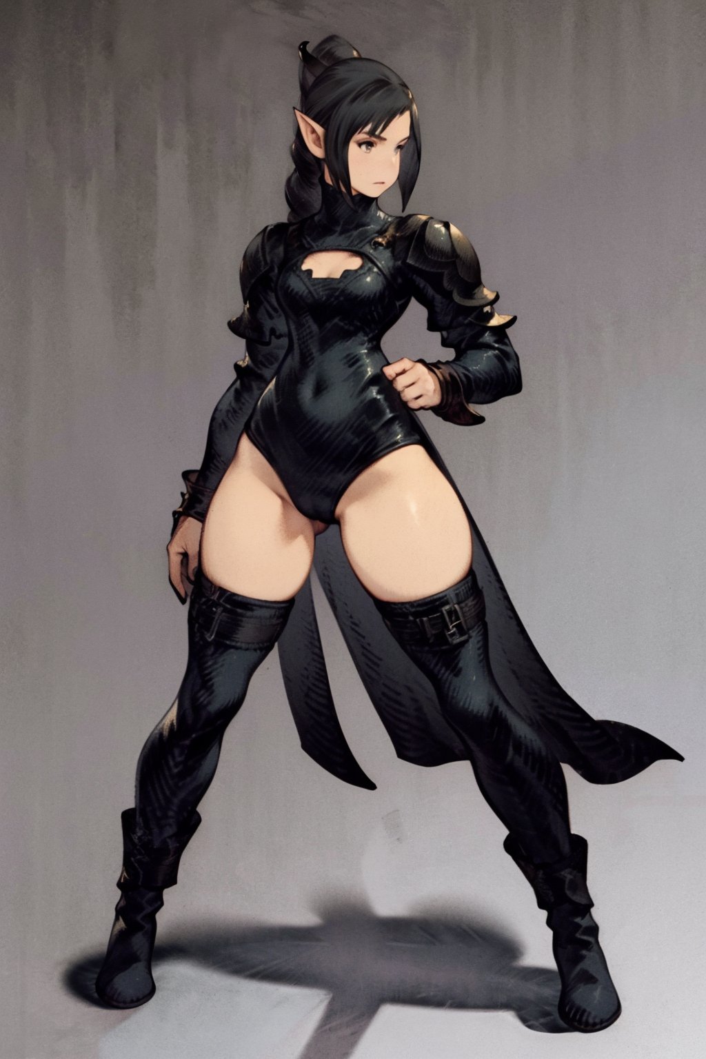 (1girl:1.1), (elf:1.1), shadowheart, final fantasy tactics,  masterpiece, highly detailed, bdsm costume, dominatrix, nsfw, (solo), (fft), thigh high boots, full body, black hair, braided ponytail, circlet, elf, pointy ears, no nose,  shaded, shadowed, <lora:Tactics Ogre Concept Art:0.4> <lora:fftstyle_v1.8_&_v2.2_merge:0.5>  <lora:yoshida_akihiko_offset:0.4>  thick thighs,  solid grey background <lora:ShadowHeart:1> <lora:WOTV:1>