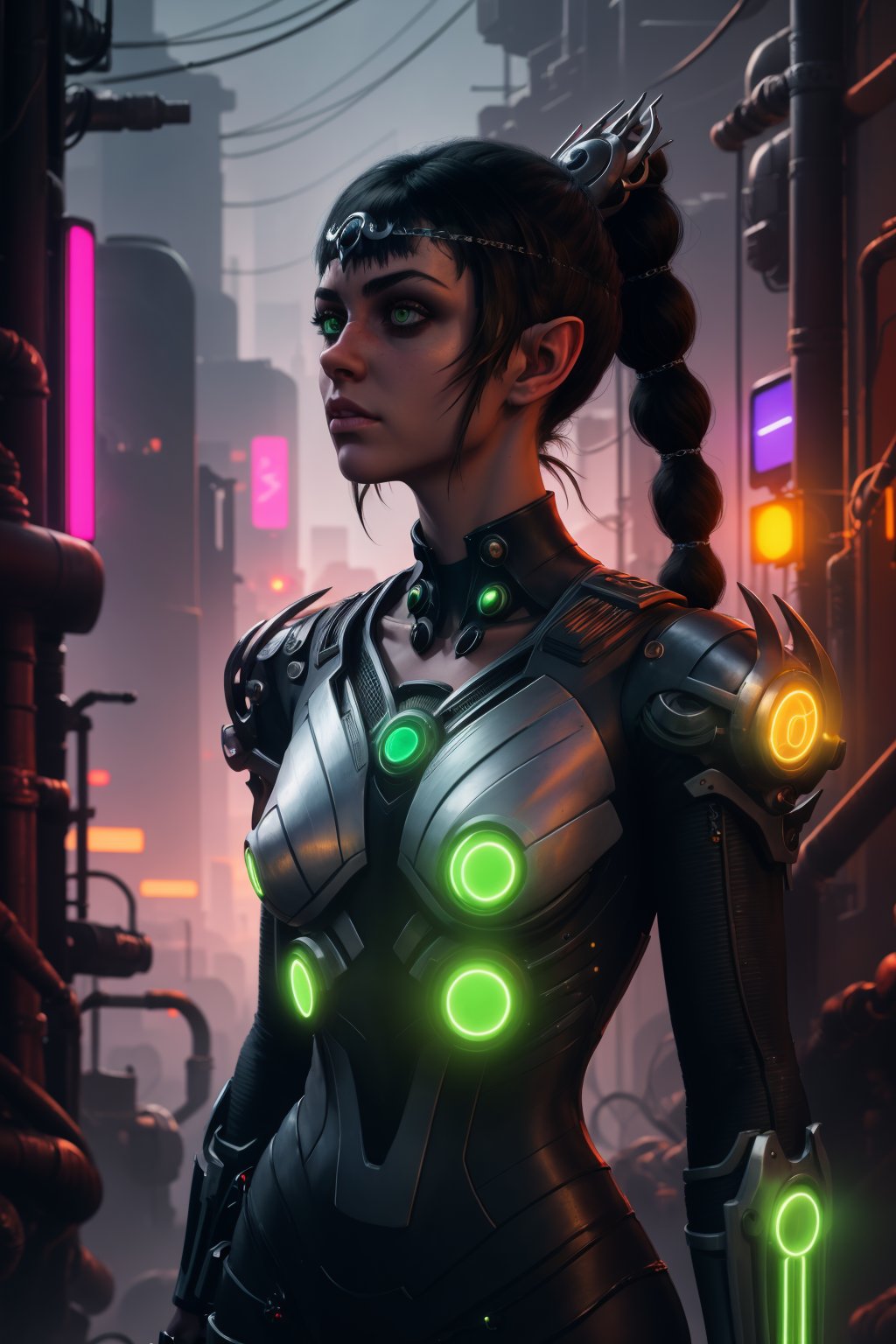 masterpiece, best quality, 1girl, shadowheart, black hair, braided ponytail, green eyes, circlet, looking at viewer, mechanical arms, cyberpunk city background, night, neon light  <lora:ShadowHeartV2:1>
