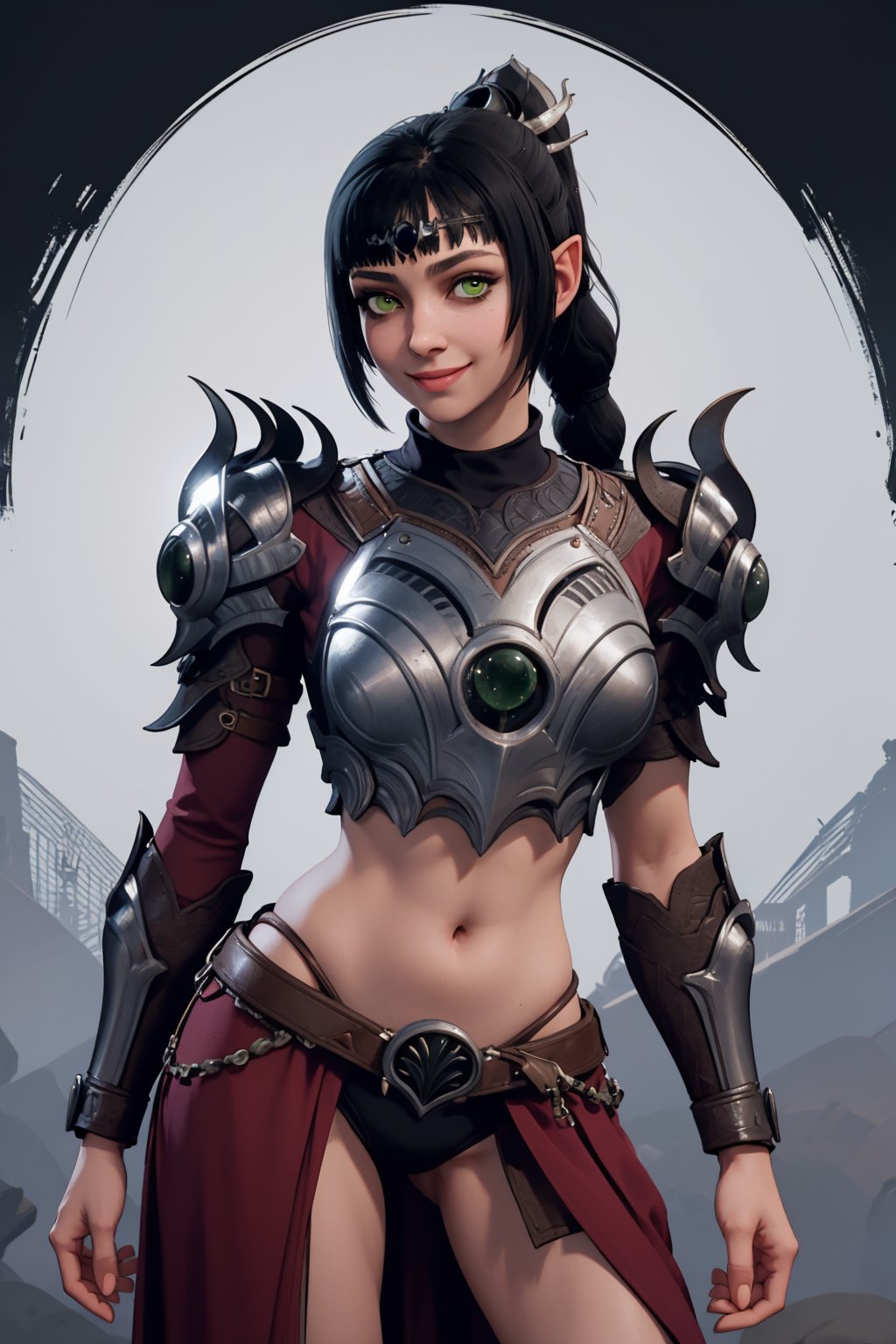 masterpiece, best quality, 1girl, shadowheart, black hair, braided ponytail, green eyes, armor, smile, looking at viewer, cowboy shot, cinematic composition, contrapposto  <lora:ShadowHeart:1>