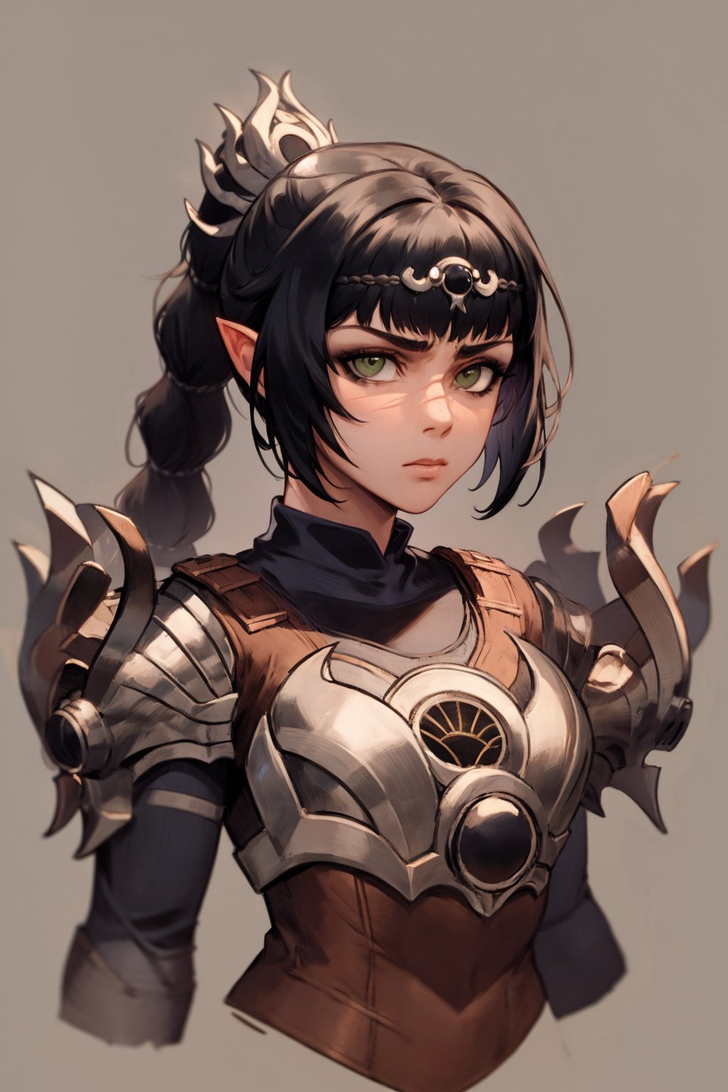 masterpiece, best quality, 1girl, shadowheart, black hair, braided ponytail, green eyes, circlet, upper body, armor, expresionless, sketch, looking at viewer, simple background <lora:ShadowHeartV2:1>