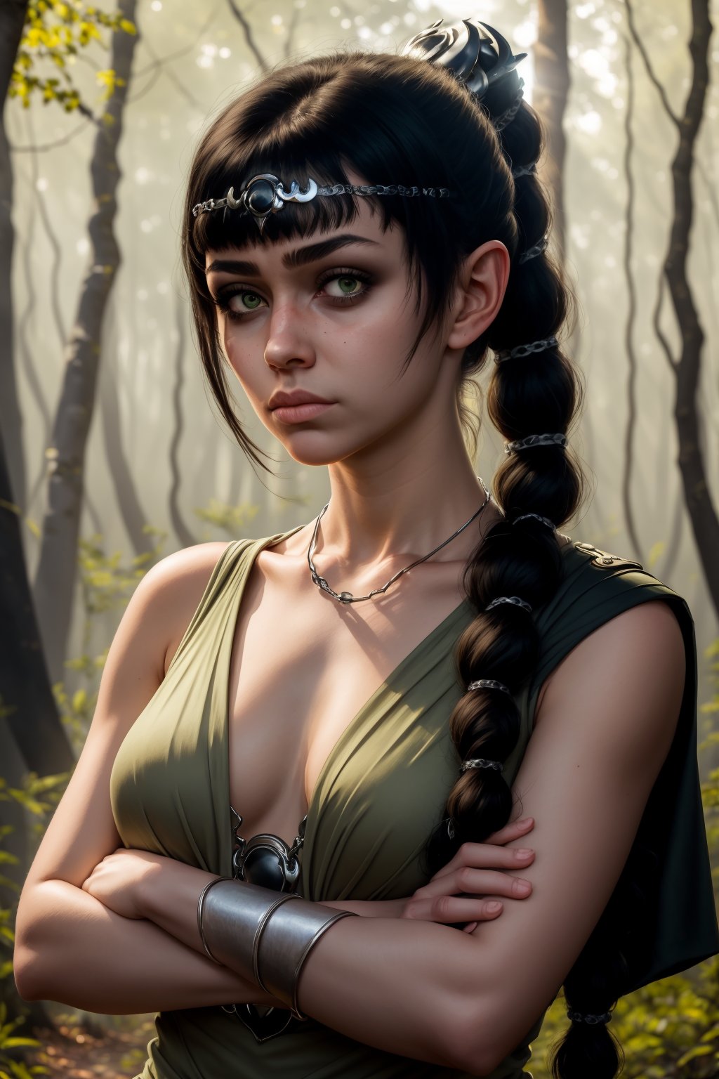 masterpiece, best quality, 1girl, shadowheart, black hair, braided ponytail, green eyes, circlet, crossed arms, emotionless, looking at viewer, forest, blurry background <lora:ShadowHeartV2:1>