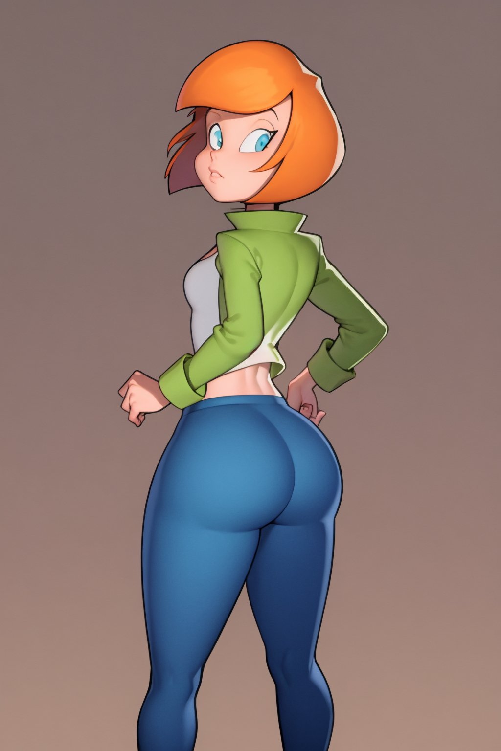 masterpiece, best quality, 1girl, heather, orange hair, blue eyes, short hair, green jacket, shirt, ass, pants, view from behind, looking back, looking at viewer, solo, simple background <lora:Heather:1>