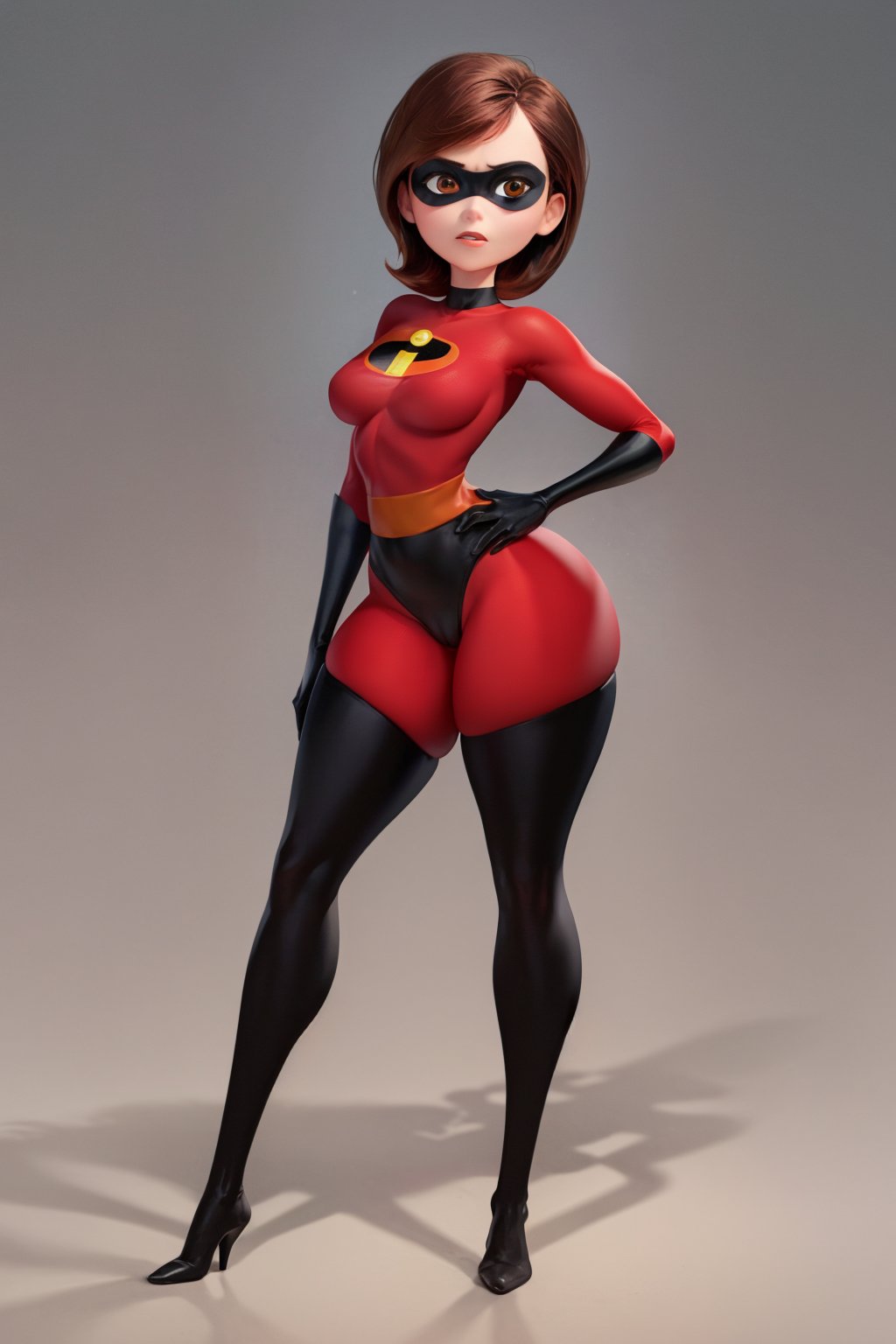 masterpiece, best quality, 1girl, helenparr, brown hair, brown eyes, domino mask, mask, bodysuit, black elbow gloves, thighhighs, thigh boots,full body, standing, contrapposto, looking at viewer, simple background <lora:HelenParr:1>