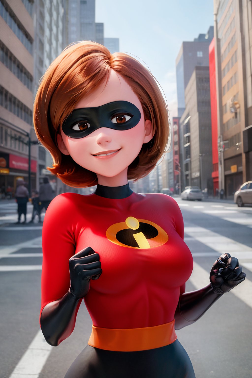 masterpiece, best quality, 1girl, helenparr, brown hair, brown eyes, domino mask, bodysuit, smile, upper body, looking at viewer, new york city, street background <lora:HelenParr:1>