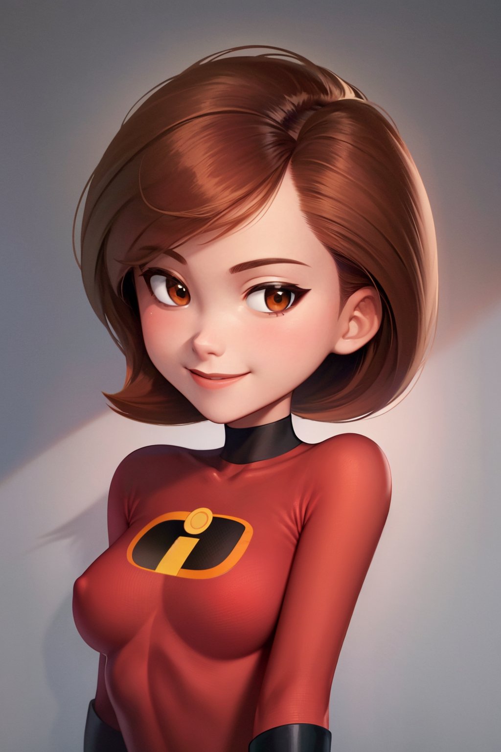 masterpiece, best quality, 1girl, helenparr, brown hair, brown eyes, bodysuit, smile, upper body, looking at viewer, simple background <lora:HelenParr:1>