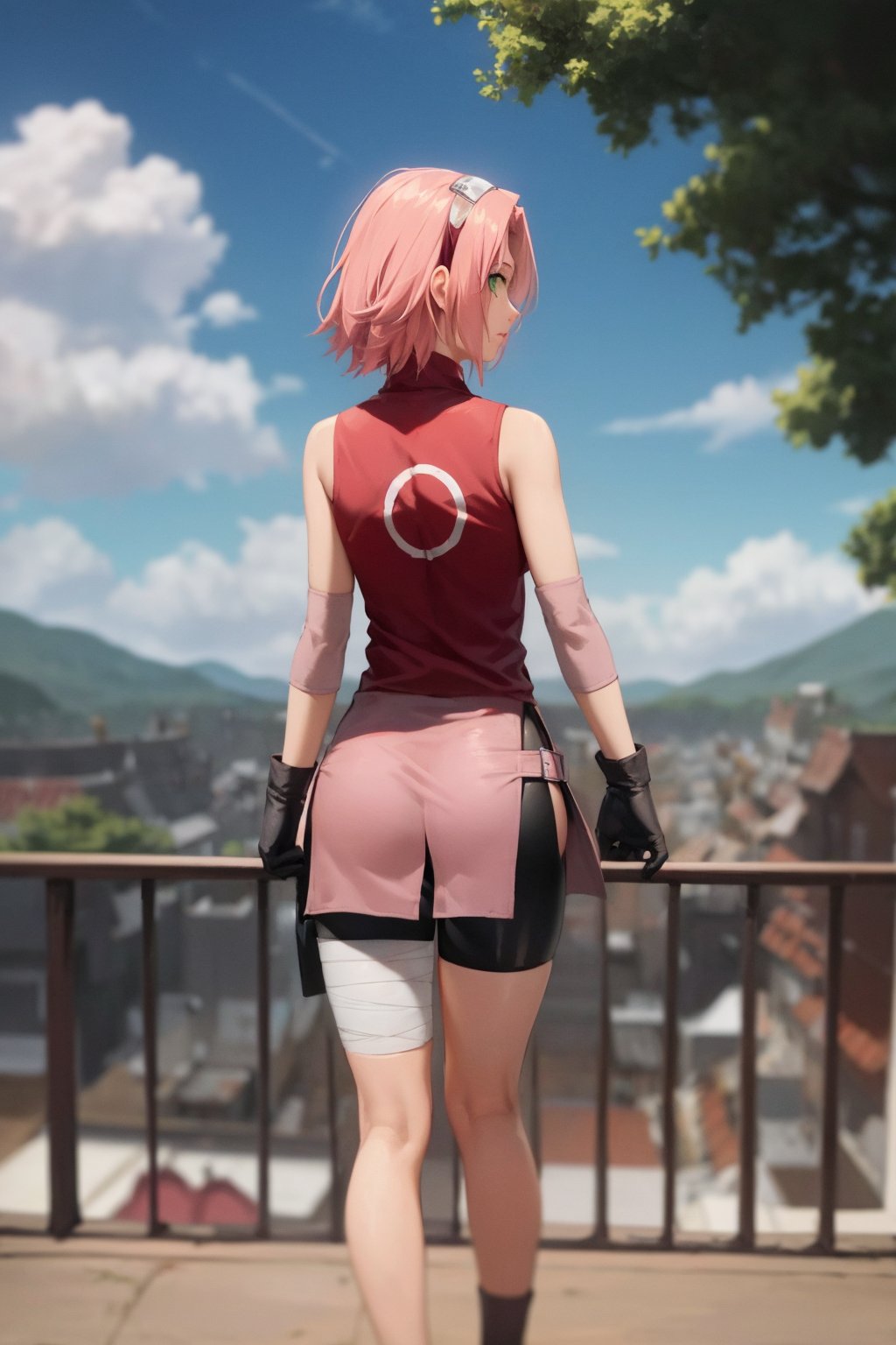 masterpiece, best quality, 1girl,haruno sakura, pink hair,  short hair, green eyes, bike shorts, black gloves, sleeveless, bandages, looking back, view from behind, full body, standing, blue sky, cloud, hidden village <lora:SakuraShippuden:1>