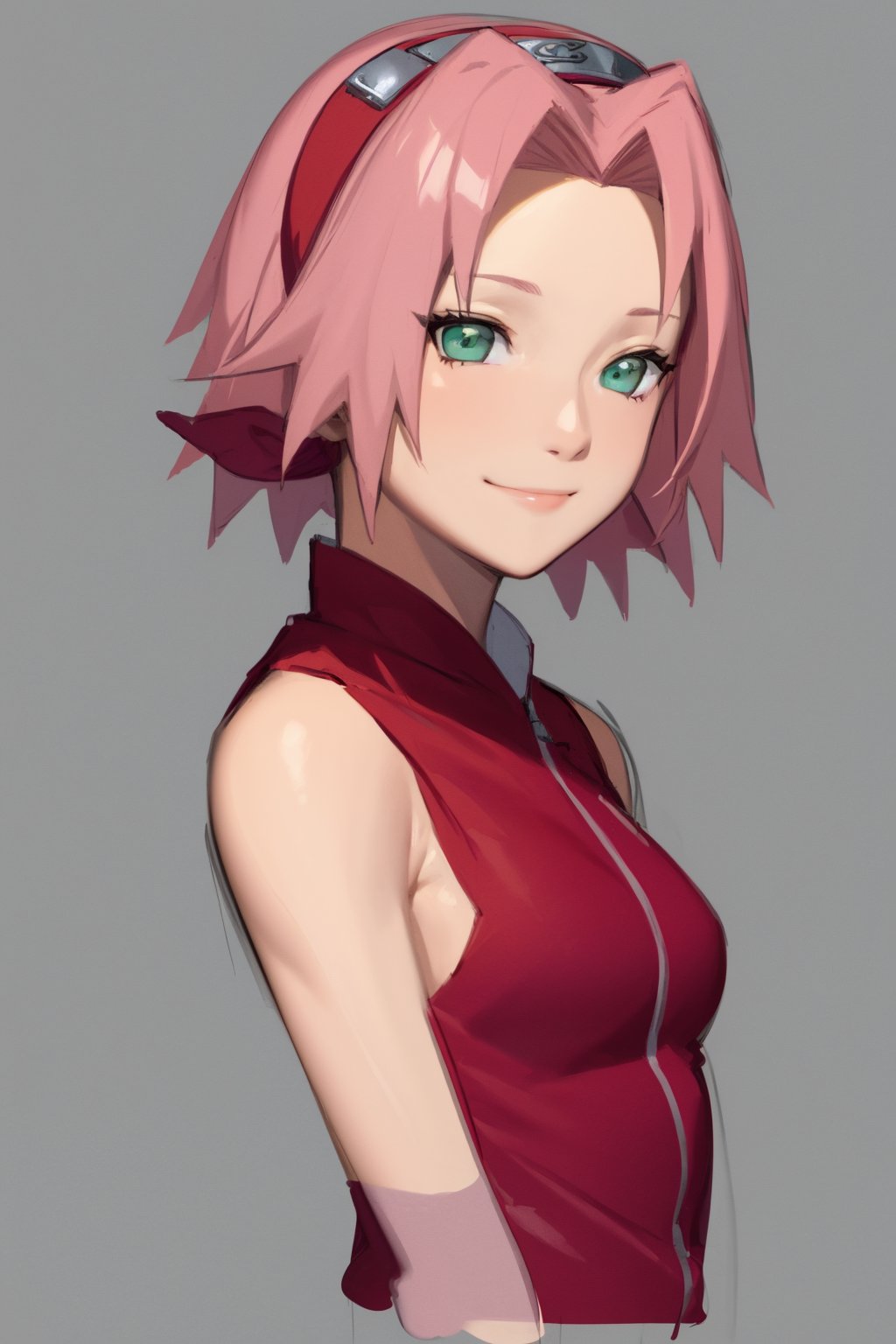 masterpiece, best quality, 1girl,haruno sakura, pink hair,  short hair, green eyes, hairband, sleeveless, upper body, looking at viewer, sketch, smile, solo, simple background <lora:SakuraShippuden:1>