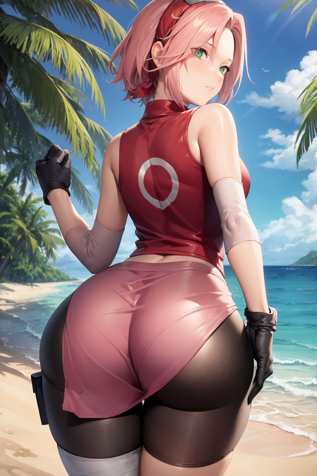 masterpiece, best quality, 1girl,1girl,haruno sakura, pink hair, short hair, green eyes, bike shorts, black gloves, hairband, sleeveless, bandages, ass focus, view from behind, looking back, looking at viewer, sea, sand, tropical island background <lora:SakuraShippuden:1>