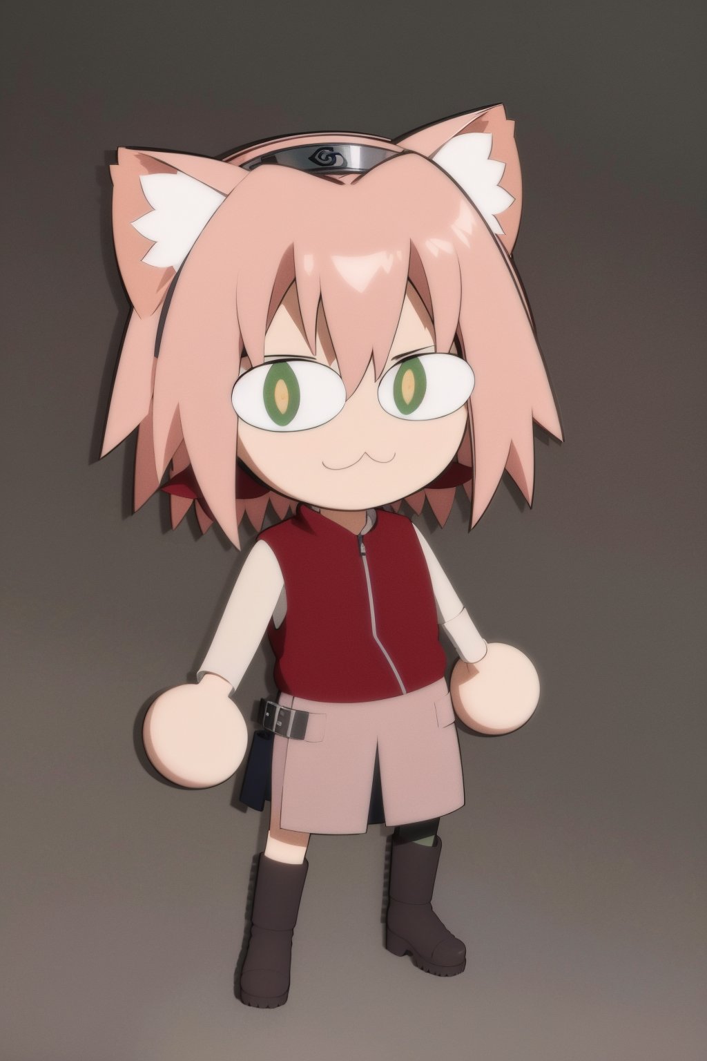 masterpiece, best quality, 1girl, 1girl,haruno sakura, pink hair, short hair, green eyes, :3, cat ears, chibi, cat girl, solo, slit pupils, solo, standing, solid grey background <lora:necoArcCharacters_necoArcv3final:1>   <lora:SakuraShippuden:1>