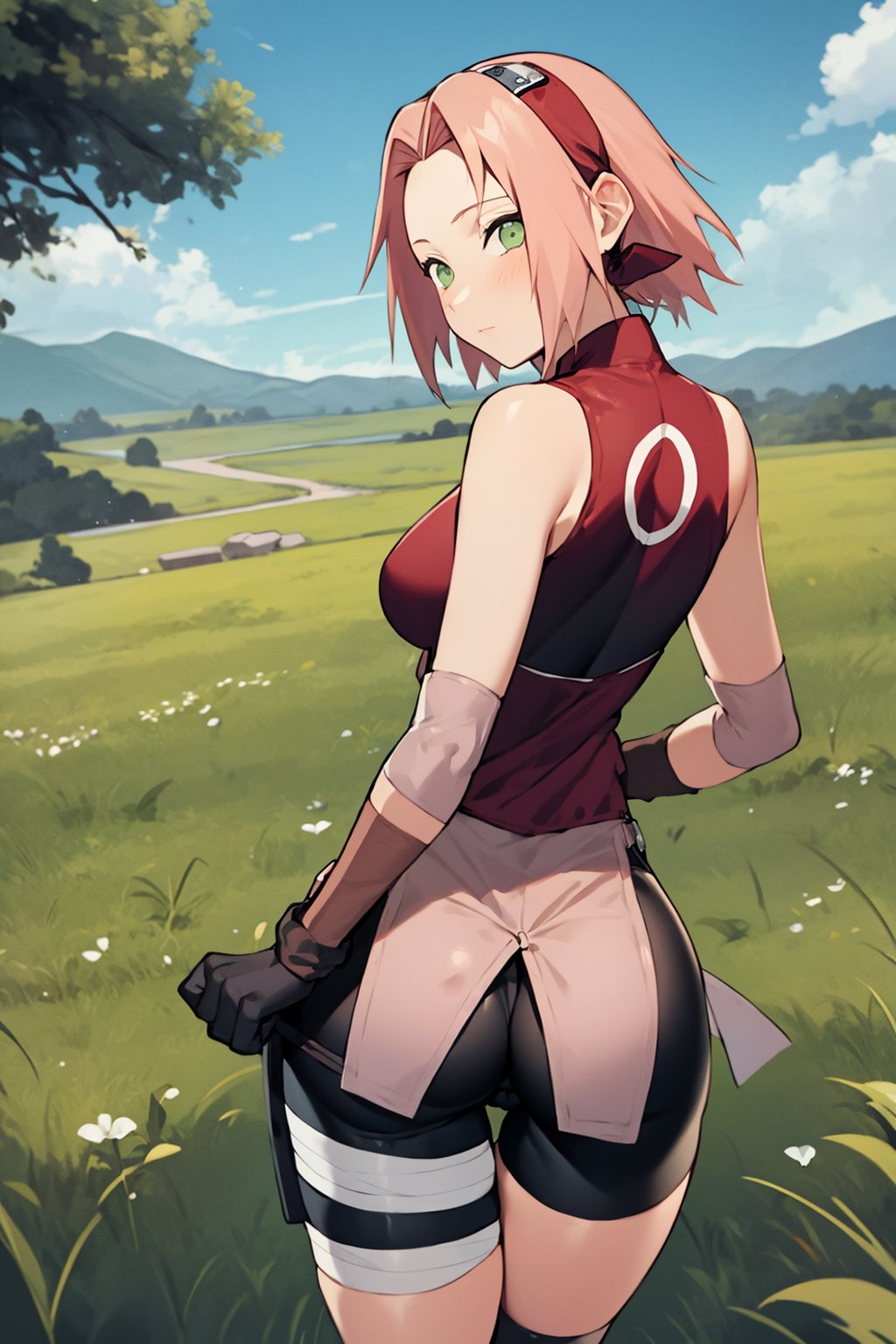 masterpiece, best quality, 1girl,1girl,haruno sakura, pink hair, short hair, green eyes, bike shorts, black gloves, hairband, sleeveless, bandages, ass, view from behind, looking back, looking at viewer, grass, blue sky, meadow background <lora:SakuraShippuden:1>