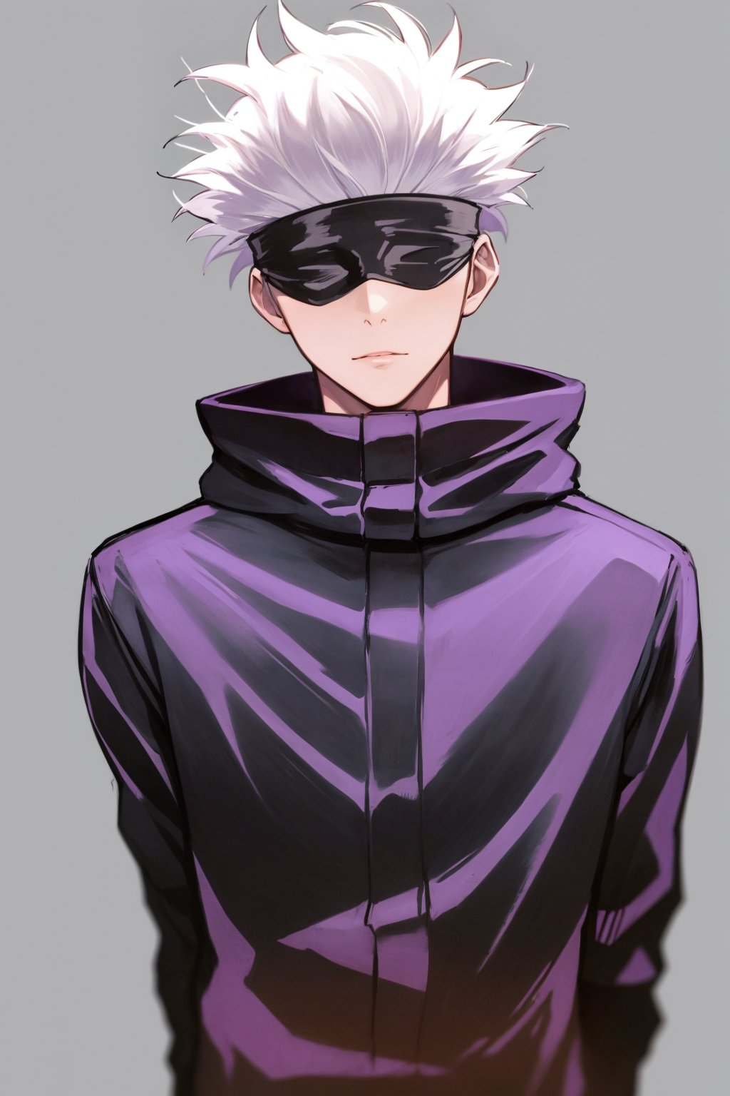 masterpiece, best quality, 1boy, gojou satoru, white hair, short hair, blindfold, black jacket, high collar, upper body, solo, looking at viewer, cartoon, simple background <lora:Gojo:1>