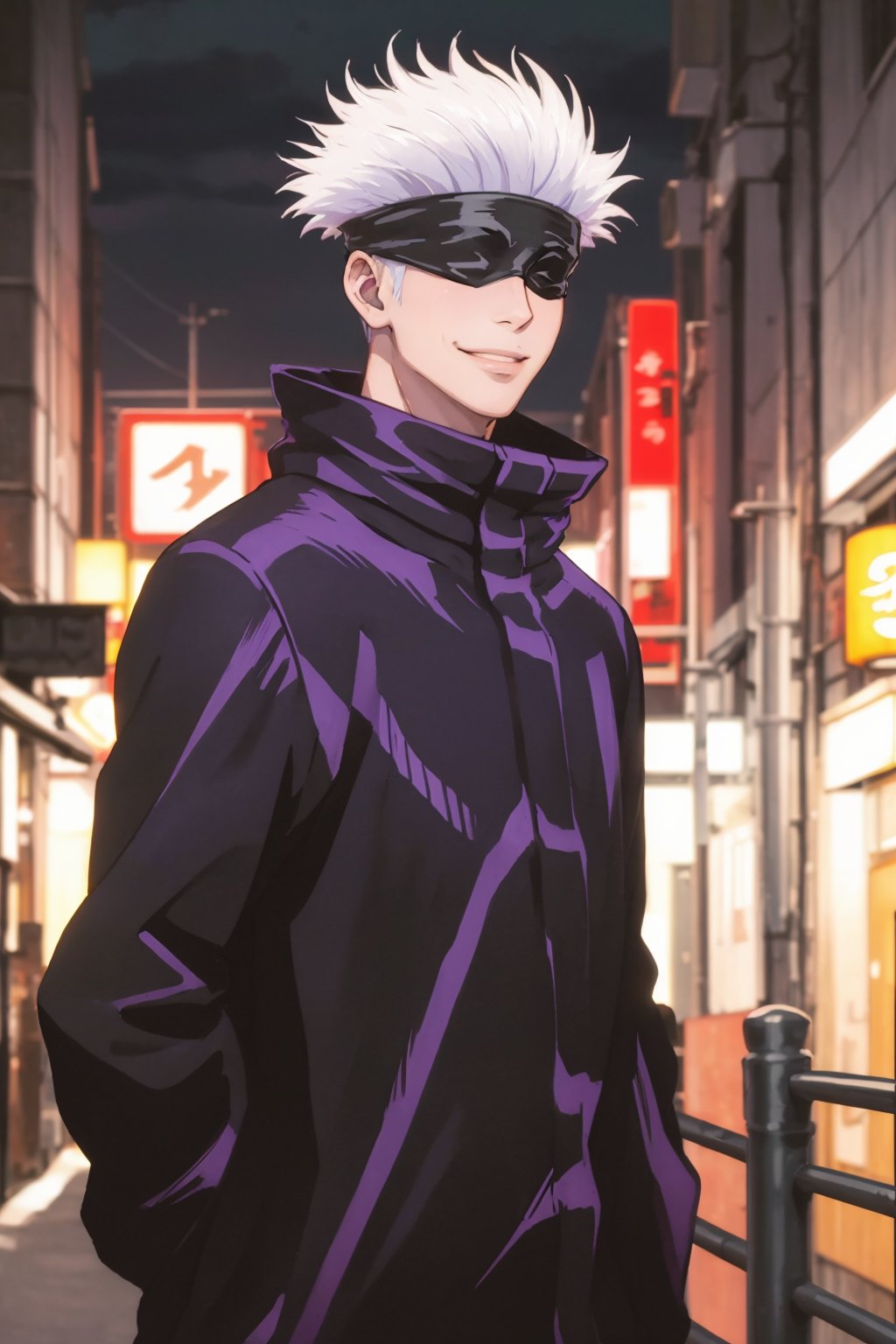 masterpiece, best quality, 1boy, gojou satoru, white hair, short hair, blindfold, smile, black jacket, high collar, upper body, solo, looking at viewer, outdoors, night,  night light, tokyo street background <lora:Gojo:1>