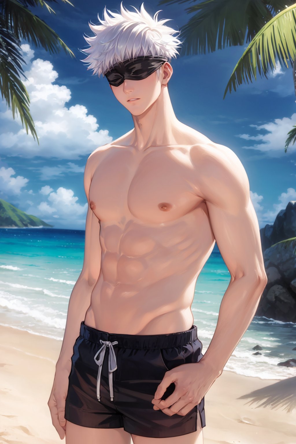 masterpiece, best quality, 1boy, gojou satoru, white hair, short hair, blindfold, topless male, pectoral, abs, shorts,  standing, solo, looking at viewer, sea, sand, blue sky, tropical island background <lora:Gojo:1>