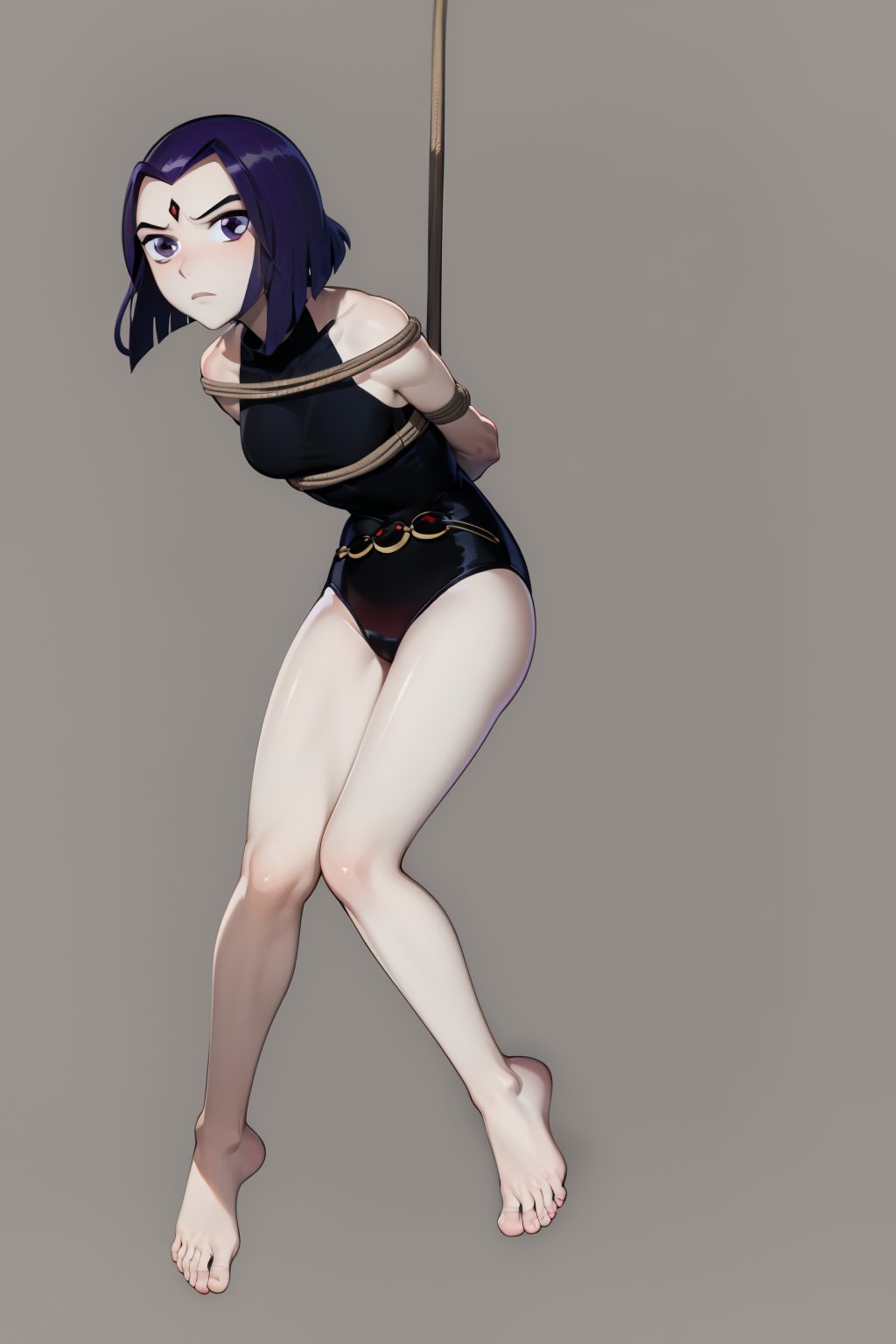 masterpiece, best quality, arms behind back, bound, front view, rope, full body, hanging, 1girl, rachelroth, purple hair, short hair, purple eyes, (grey skin), (colored skin), forehead jewel, leotard,  (feet off the ground:1.3), solo, simple background  <lora:Raven:0.8>