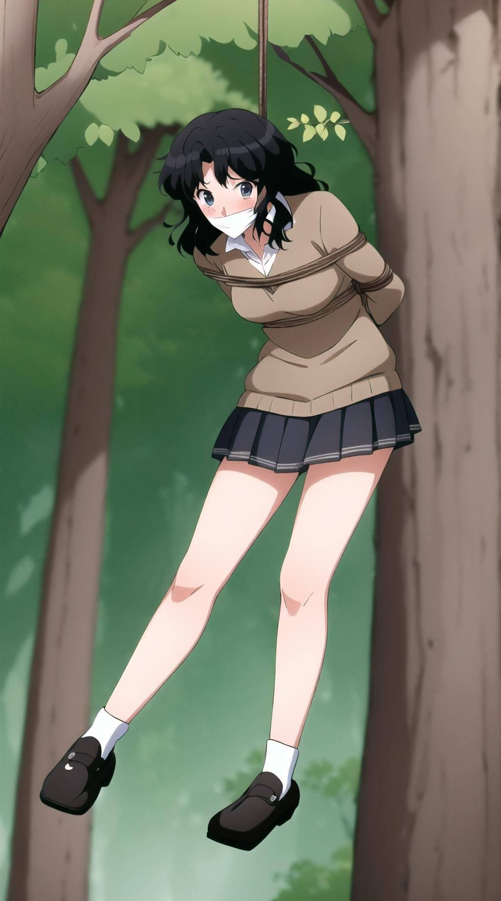 best quality, best animated, masterpiece, 8K-Illustration, perfect anime illustration, depth of field, high quality, (detailed background:1.2), 1girl, solo, (full body),aakaoru, wavy hair, messy hair, school uniform, collared shirt, brown sweater, long sleeves, pleated skirt, black skirt, forest, trees, under a tree, branch above, windy, blushing, scared, <lora:Suspension:1>, suspension, arms behind back, bdsm, bondage, bound, cloth gag, (view from side), full body, rope, shibari, (upper body leaning forward), bound wrists, high above ground, legs apart, <lora:tanamachi_kaoru_v1:0.8><lora:tanamachi_kaoru_v1:0.8>