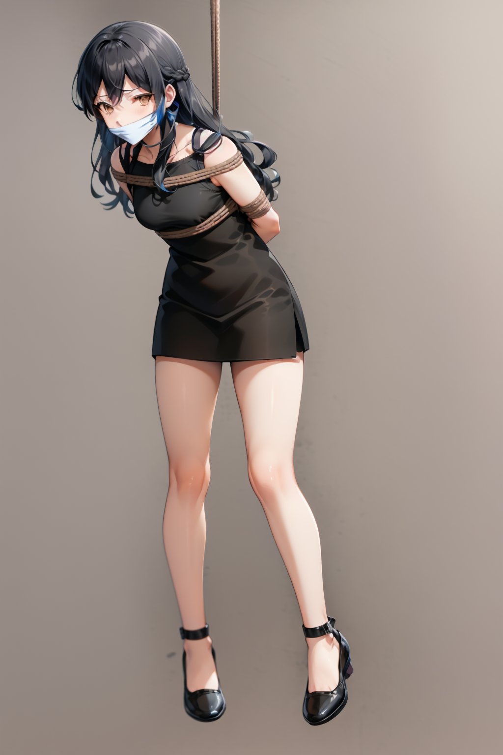 masterpiece, best quality, 1girl, arms behind back, bound, rope, black dress, black footwear, black hair, blue shorts, bondage, brown eyes, brown hair, cloth gag, front view, full body, hanging, long hair, sleeveless shirt, solo, simple background