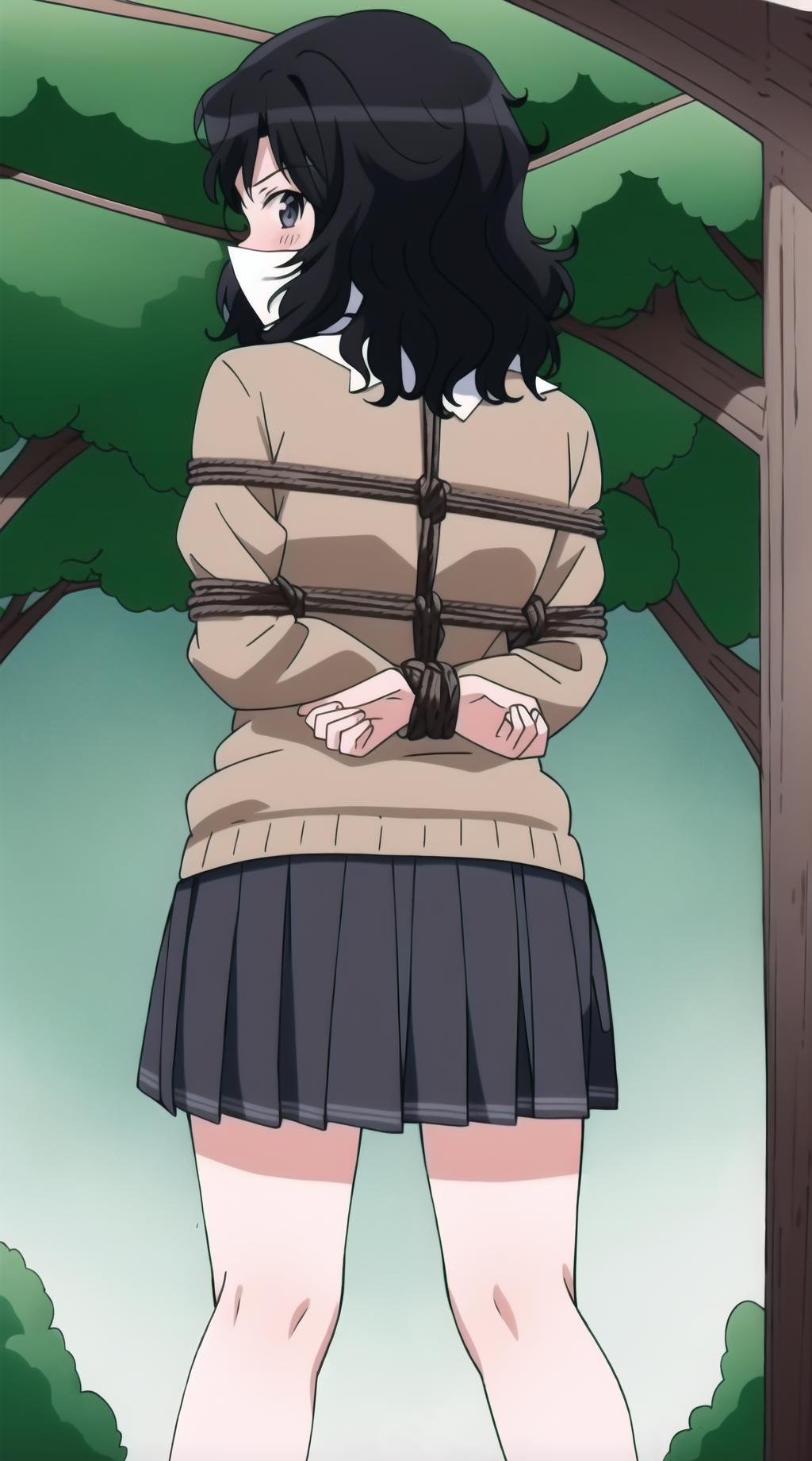 best quality, best animated, masterpiece, 8K-Illustration, perfect anime illustration, high quality, (detailed background:1.2), 1girl, solo, (full body),aakaoru, wavy hair, messy hair, school uniform, collared shirt, brown sweater, long sleeves, pleated skirt, black skirt, forest, trees, under a tree, branch above, windy, blushing, scared, <lora:Suspension:1>, suspension, arms behind back, bdsm, bondage, bound, cloth gag, ((view from behind)), full body, rope, shibari, (upper body leaning forward), bound wrists, high above ground, legs apart, <lora:tanamachi_kaoru_v1:0.8><lora:tanamachi_kaoru_v1:0.8>