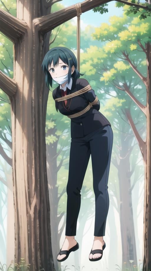 best quality, best animated, masterpiece, 8K-Illustration, perfect anime illustration, high quality, (detailed background:1.2), 1girl, solo, (full body),forest, trees, under a tree, branch above, windy, <lora:Suspension:1>, suspension, arms behind back, bdsm, bondage, bound, cloth gag, (from side), full body, rope, shibari, (upper body leaning forward)