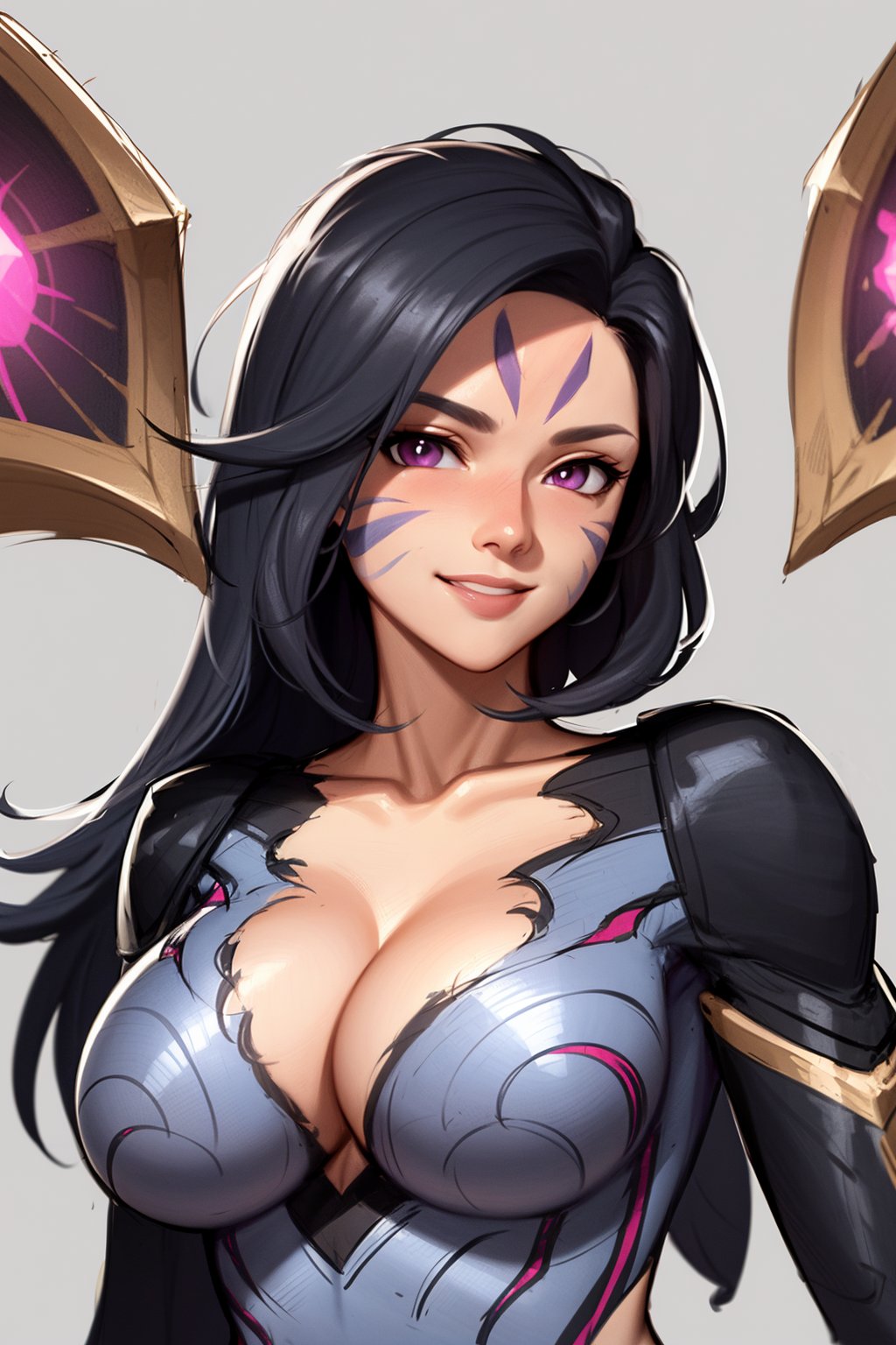 masterpiece, best quality, 1girl, kaisa, black hair, long hair, purple eyes, facial mark, bodysuit, cleavage, big breasts, wings, upper body, smile, sketch, looking at viewer, simple background  <lora:Kaisa:1>