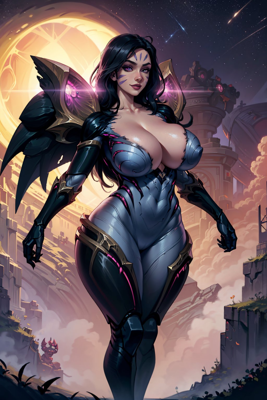 masterpiece, best quality,, 1girl, kaisa, black hair, long hair, purple eyes, facial mark, wings, bodysuit, (gigantic breasts:1.3), solo, looking at viewer, mature female, curvy, thighs, standing, smile, giger, lovecraft, alien landscape, malachite, scenery, solar eclipse, white sky, glowing, spirals, metallic, machinery, constellations, constellation print, horror \(theme\)    <lora:Kaisa:1>