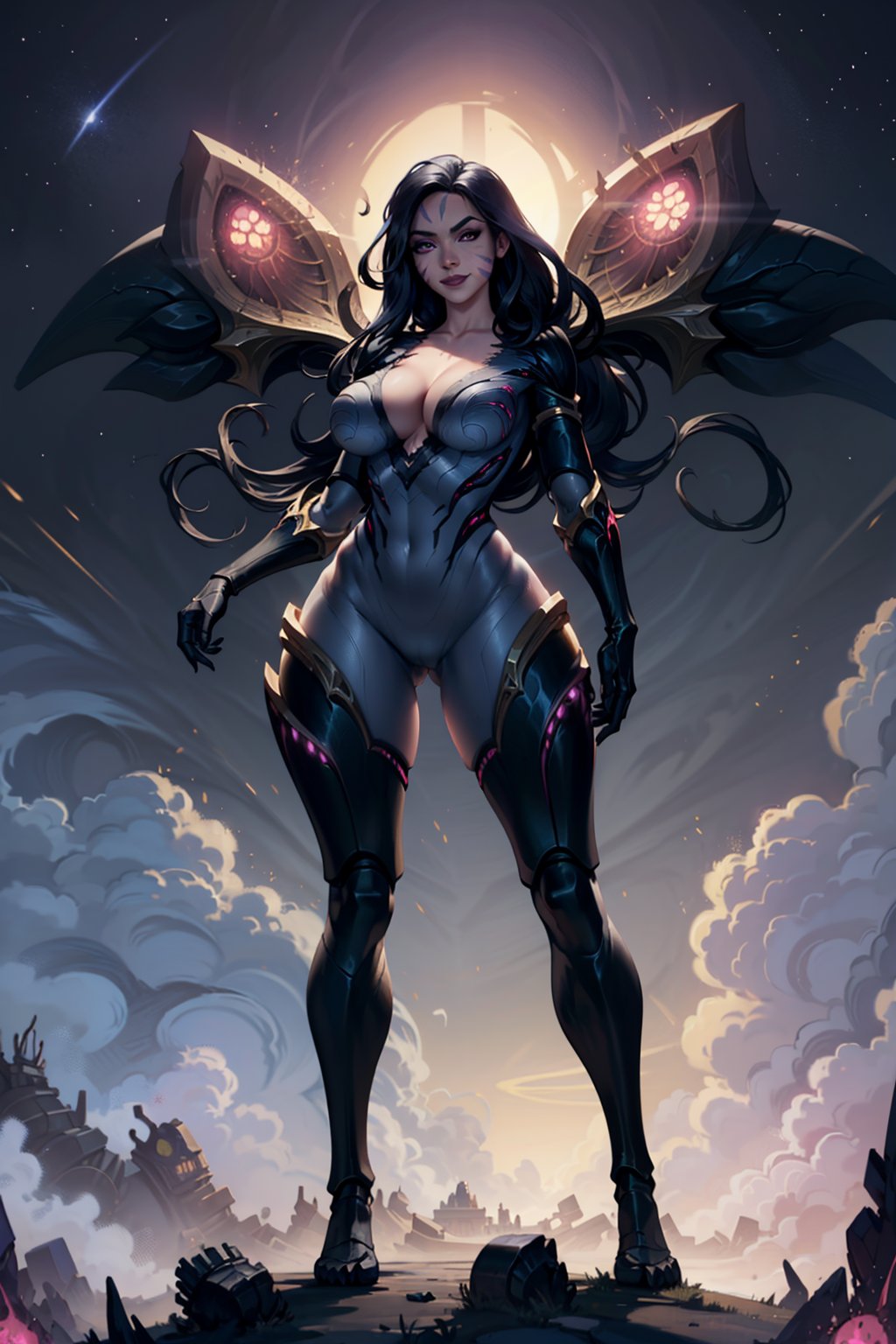 masterpiece, best quality,, 1girl, kaisa, black hair, long hair, purple eyes, facial mark, wings, bodysuit, (gigantic breasts:1.3), solo, looking at viewer, mature female, curvy, thighs, standing, smile, giger, lovecraft, alien landscape, malachite, scenery, solar eclipse, white sky, glowing, spirals, metallic, machinery, constellations, constellation print, horror \(theme\)    <lora:Kaisa:1>