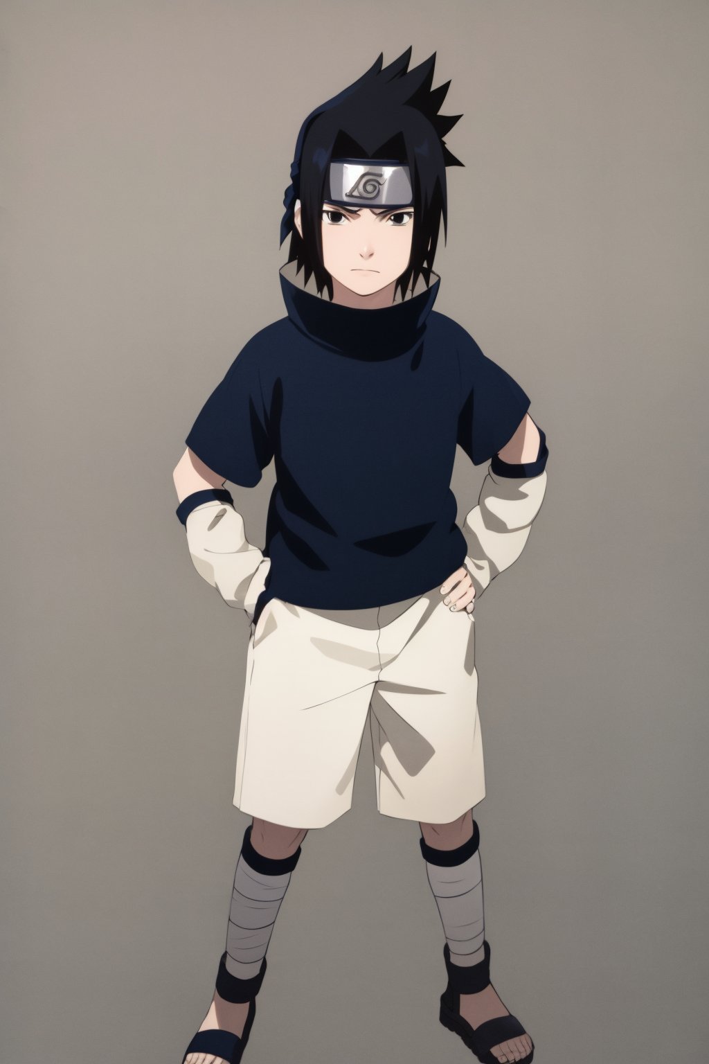 masterpiece, best quality, 1boy,  uchiha sasuke,  black hair, black eyes, forehead protector,  shirt, sleeves, shorts, sandals,  full body, standing, hands on hips, solo, looking at viewer, simple background <lora:Sasuke:1>