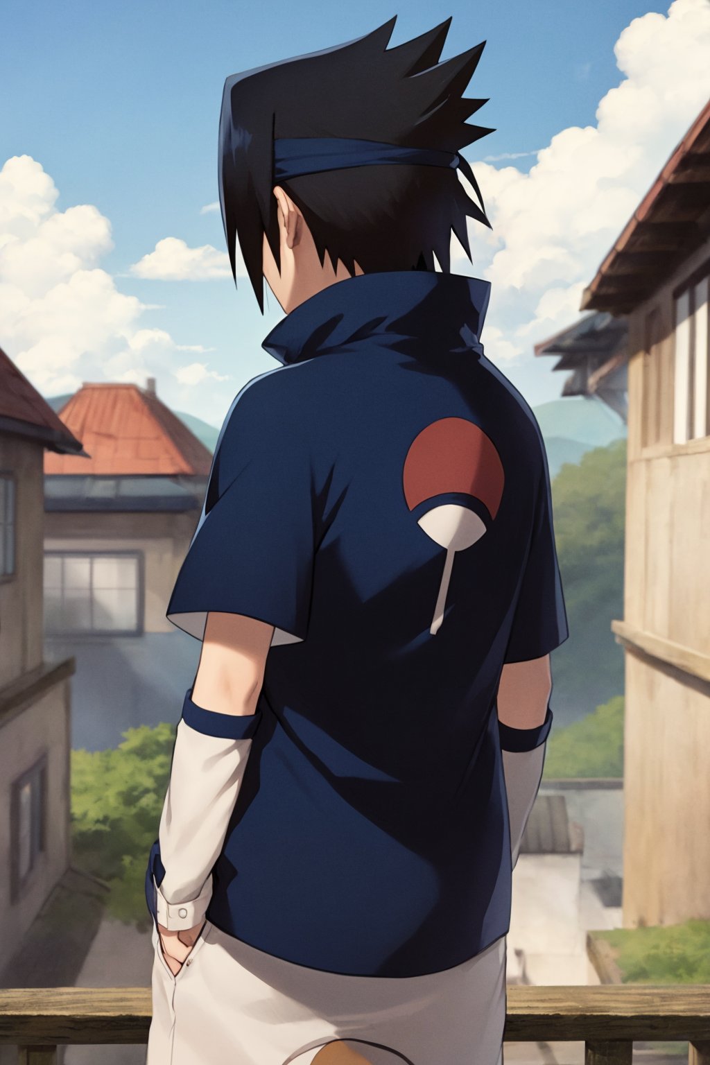 masterpiece, best quality, 1boy,  uchiha sasuke,  black hair, black eyes,  view from behind, full body, standing, blue sky, cloud, hidden village <lora:Sasuke:1>