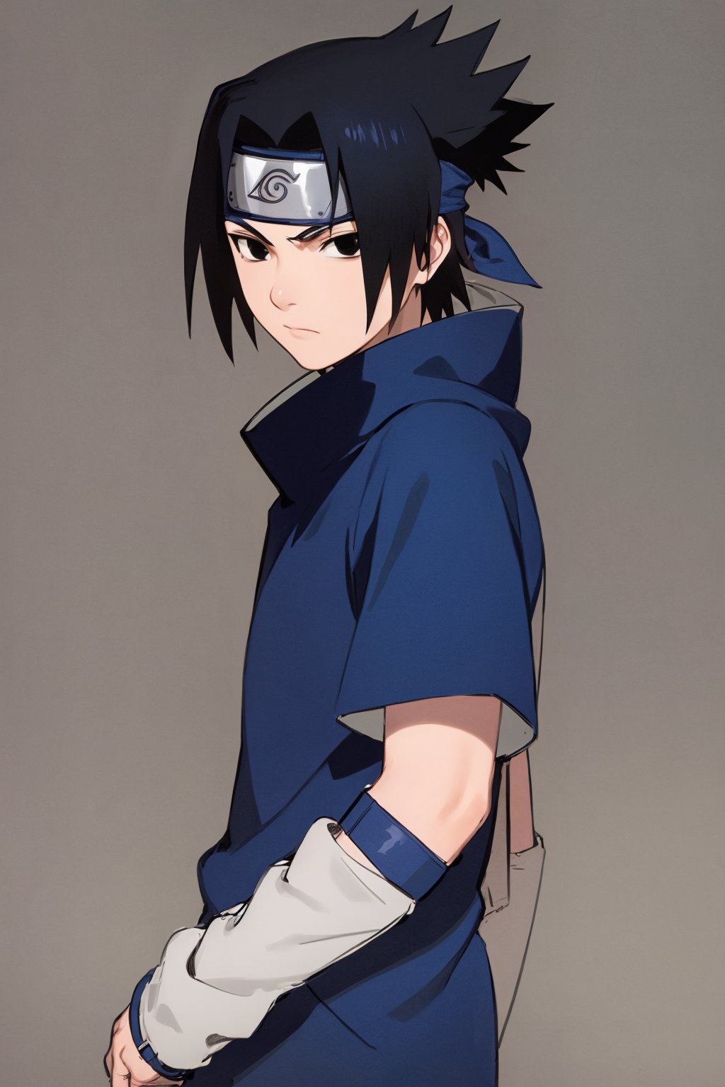 masterpiece, best quality, 1boy,  uchiha sasuke,  black hair, black eyes, forehead protector,  blue shirt, close up, solo, looking at viewer, sketch, simple background <lora:Sasuke:1>