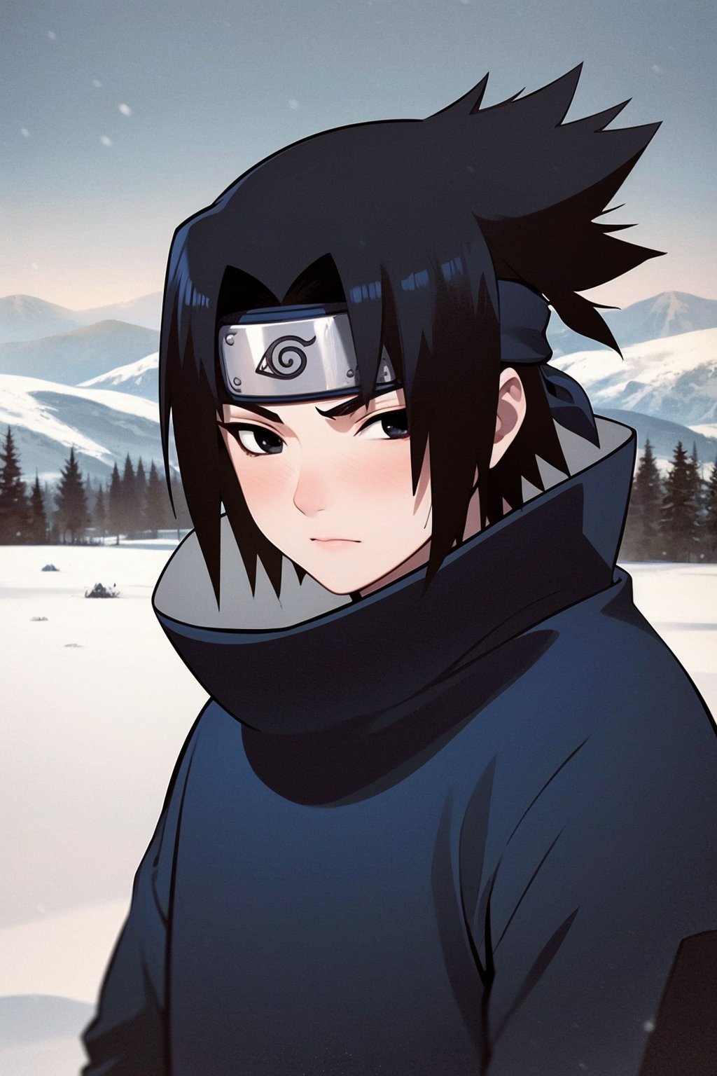 masterpiece, best quality, 1boy,  uchiha sasuke,  black hair, black eyes, forehead protector,  shirt,  upper body, looking at viewer, outdoors, winter, snow, trees, moutains in background <lora:Sasuke:1>