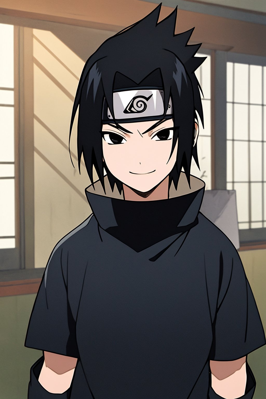 masterpiece, best quality, 1boy,  uchiha sasuke,  black hair, black eyes, forehead protector,  shirt,  upper body, looking at viewer, smile, solo, looking at viewer, indoors <lora:Sasuke:1>