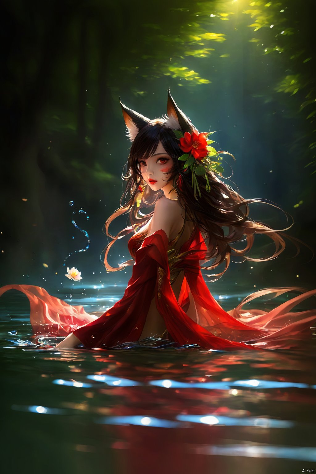 1girl,solo,long hair,breasts,looking at viewer,bangs,black hair,hair ornament,animal ears,bare shoulders,brown eyes,tail,upper body,flower,looking back,hair flower,water,tree,lips,fox ears,fox tail,facial mark,sunlight,fox girl,partially submerged,reflection,shawl,red lips,whisker markings,ahri \(league of legends\)