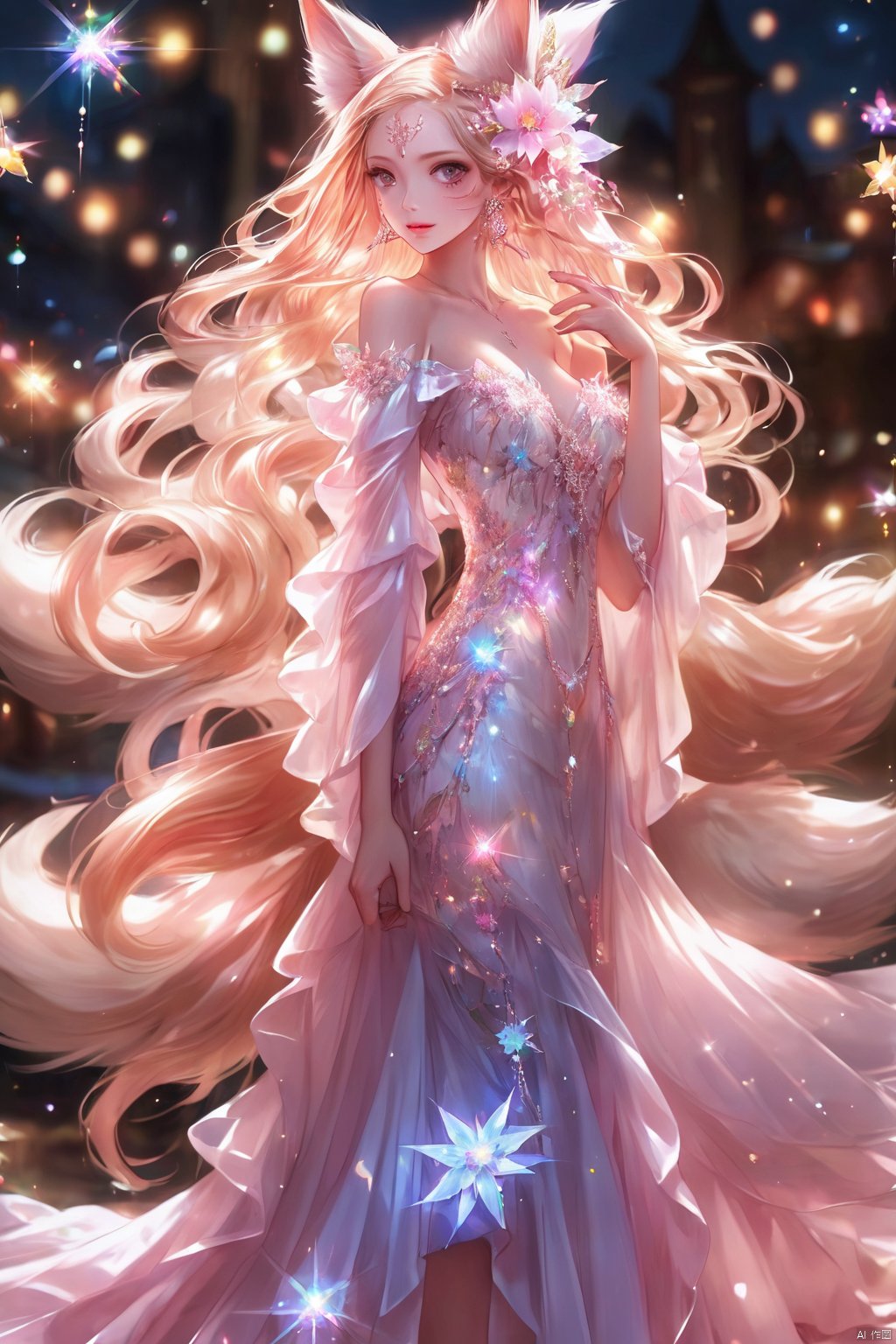 1girl,solo,long hair,breasts,looking at viewer,blonde hair,hair ornament,dress,animal ears,cleavage,bare shoulders,jewelry,medium breasts,closed mouth,standing,tail,flower,cowboy shot,earrings,detached sleeves,hand up,hair flower,white dress,lips,see-through,fox ears,sparkle,strapless,fox tail,facial mark,fox girl,multiple tails,strapless dress,stairs