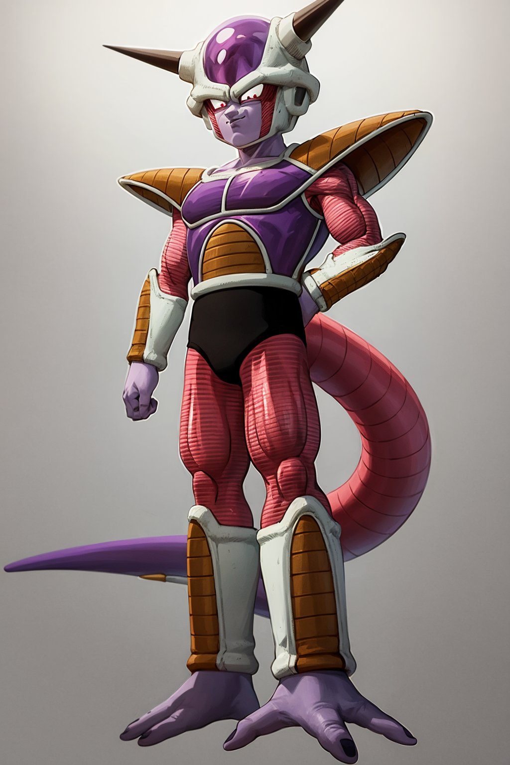 masterpiece, best quality, frieza, 1boy, red eyes, horns, clenched hands, saiyan armor, tail, full body, looking at viewer,  standing, simple background  <lora:FriezaFirstForm:1>