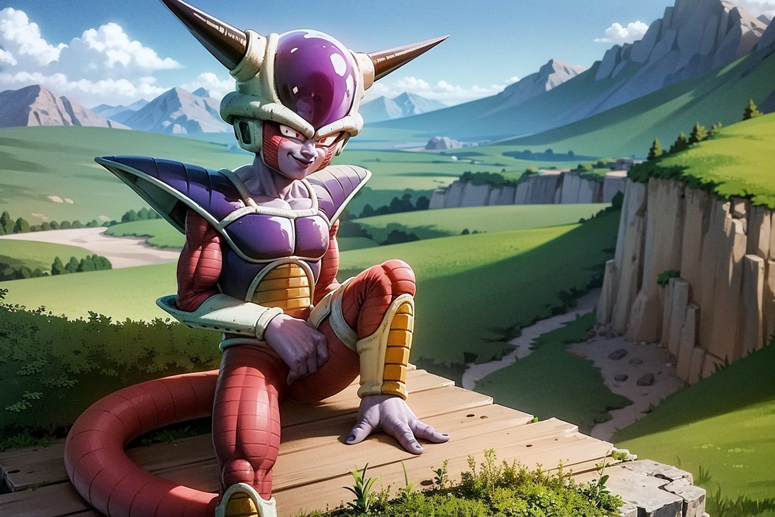 masterpiece, best quality, 1boy, frieza, sitting, looking at viewer, male focus, tail, red eyes, horns, solo, smile, outdoors, mountainside, cliff face, blue sky <lora:FriezaFirstForm:1>