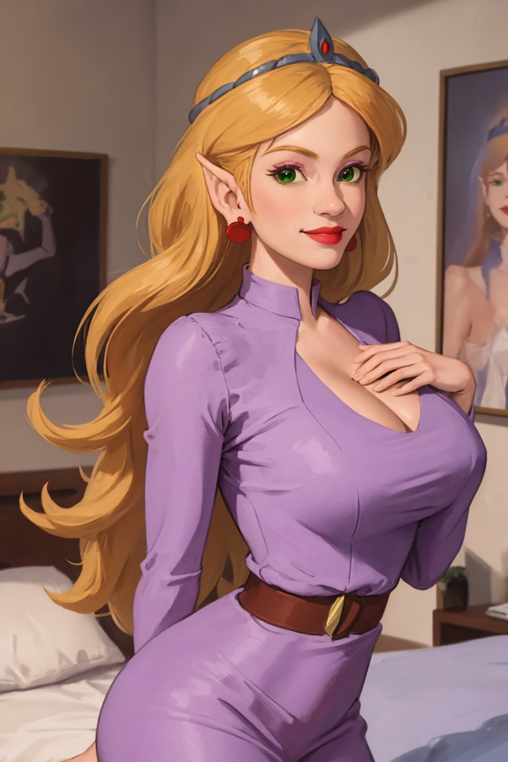 masterpiece, best quality, 1girl, tsmbsszelda, blonde hair, long hair, green eyes, earrings, lipstick, pointy ears, tiara, dress, cleavage, large breasts, upper body, looking at viewer, solo, smile, indoors, bedroom background <lora:Zelda80s:1>