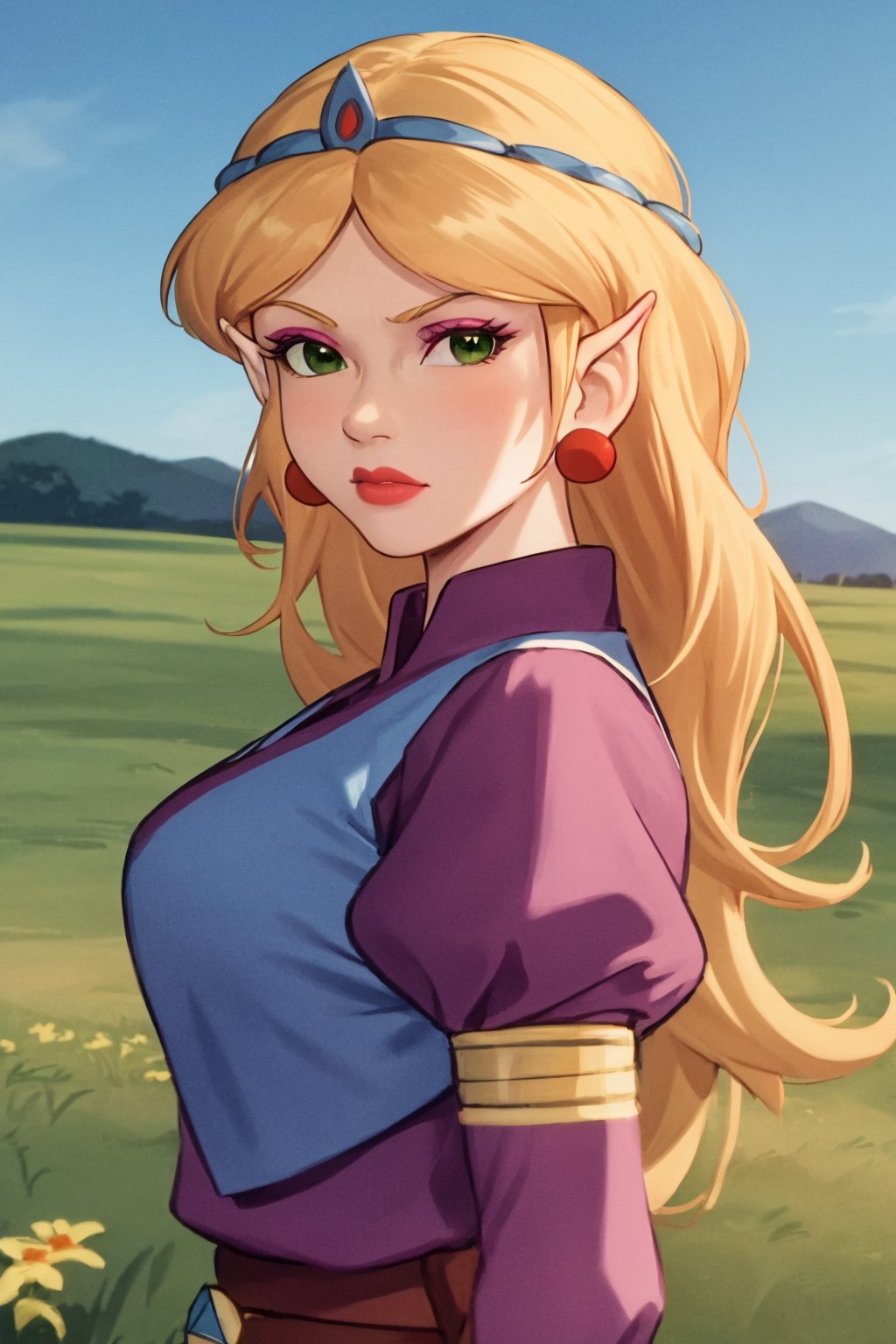 masterpiece, best quality, 1girl, tsmbsszelda, blonde hair, long hair, green eyes, earrings, lipstick, makeup, pointy ears, tiara, vest, upper body, looking at viewer, solo, grass, blue sky, meadow background <lora:Zelda80s:1>