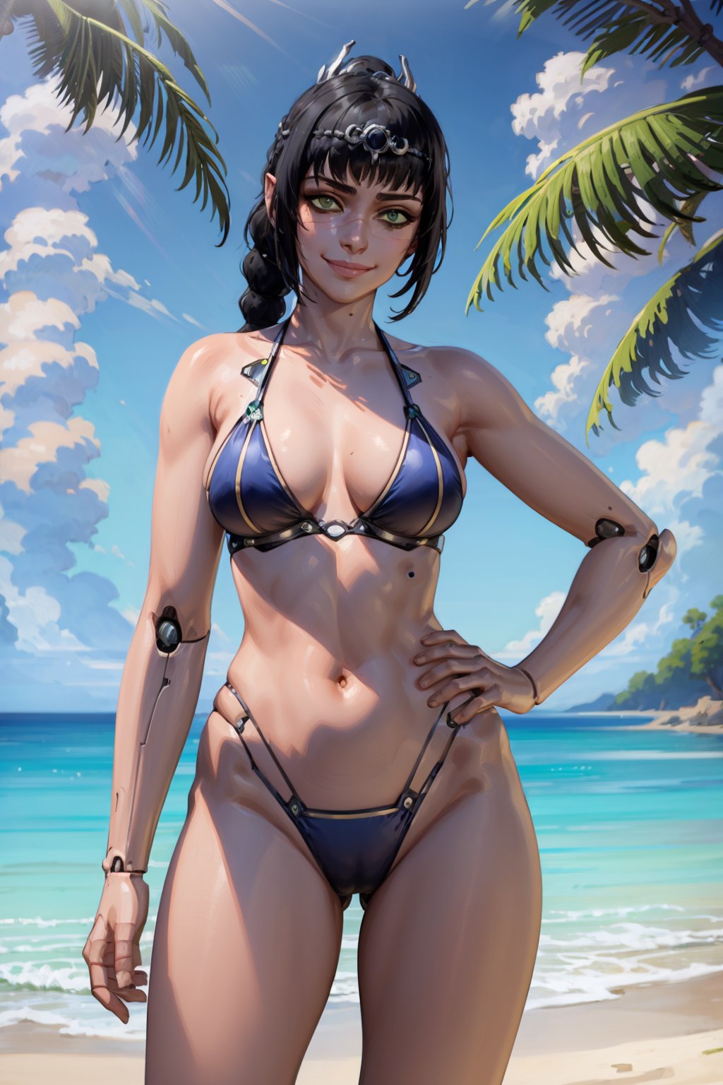 masterpiece, best quality, 1girl, shadowheart, black hair, braided ponytail, tiara, green eyes, black bikini, robotskin, cyborg, robot skin, robot joints, hands on hips, smile, looking at viewer, sea, sand, blue sky, tropical island background <lora:ShadowHeartV2:0.8> <lora:RobotSkin:1>