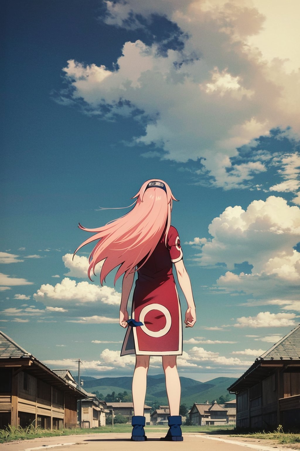 masterpiece, best quality, 1girl, haruno sakura, pink hair, long hair,  view from behind, full body, standing, blue sky, cloud, hidden village  <lora:SakuraV2:1>