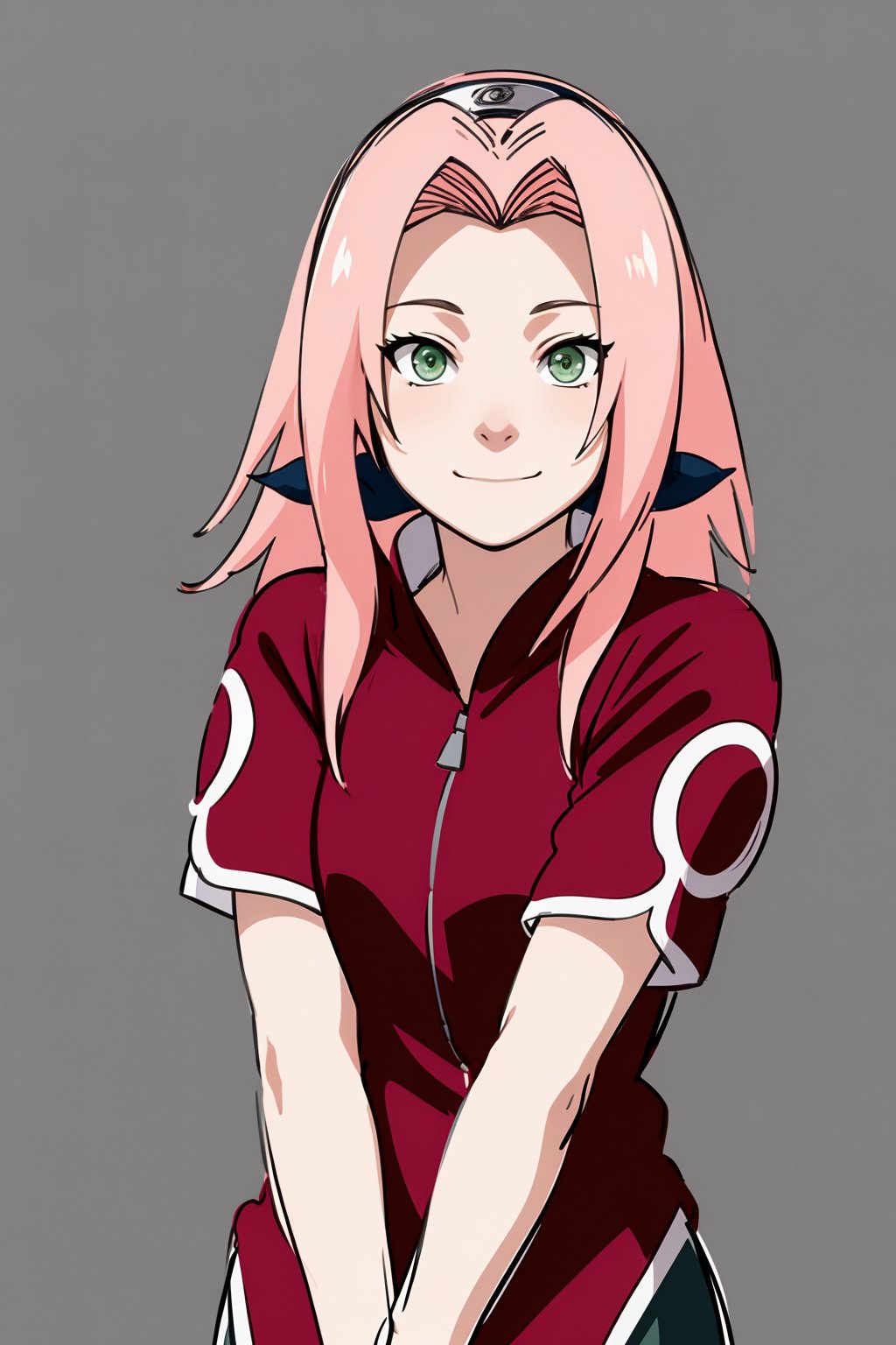 masterpiece, best quality, 1girl,haruno sakura, pink hair, long hair, green eyes,  short sleeves, upper body, looking at viewer, sketch, smile, solo, simple background  <lora:SakuraV2:1>