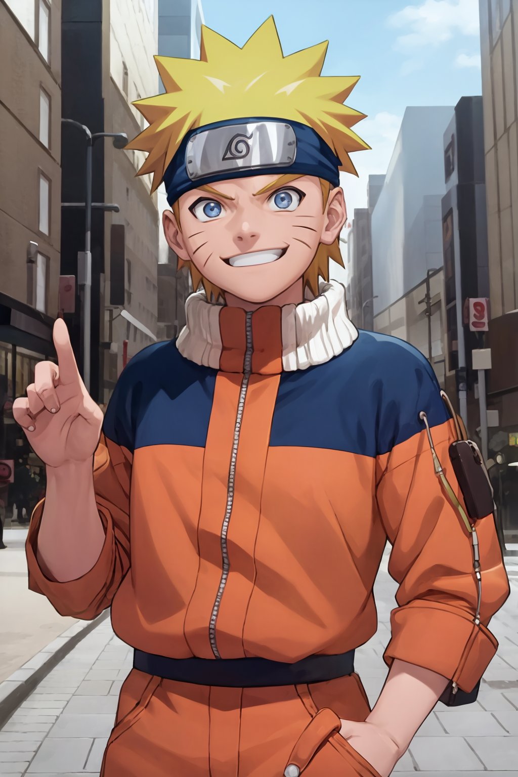 masterpiece, best quality, 1boy, uzumaki naruto, blonde hair,  spiked hair, blue eyes,  whisker markings, facial mark,  forehead protector, , konohagakure symbol, jumpsuit, upper body, looking at viewer, smile, solo, buildings, tokyo street background <lora:Naruto:1>