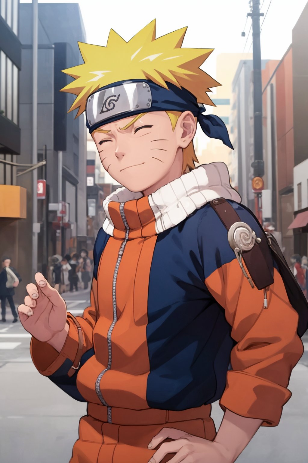 masterpiece, best quality, 1boy, uzumaki naruto, blonde hair,  spiked hair, blue eyes,  whisker markings, facial mark,  forehead protector, , konohagakure symbol, jumpsuit, closed eyes, closed mouth, upper body, looking at viewer, solo, buildings, tokyo street background <lora:Naruto:1>