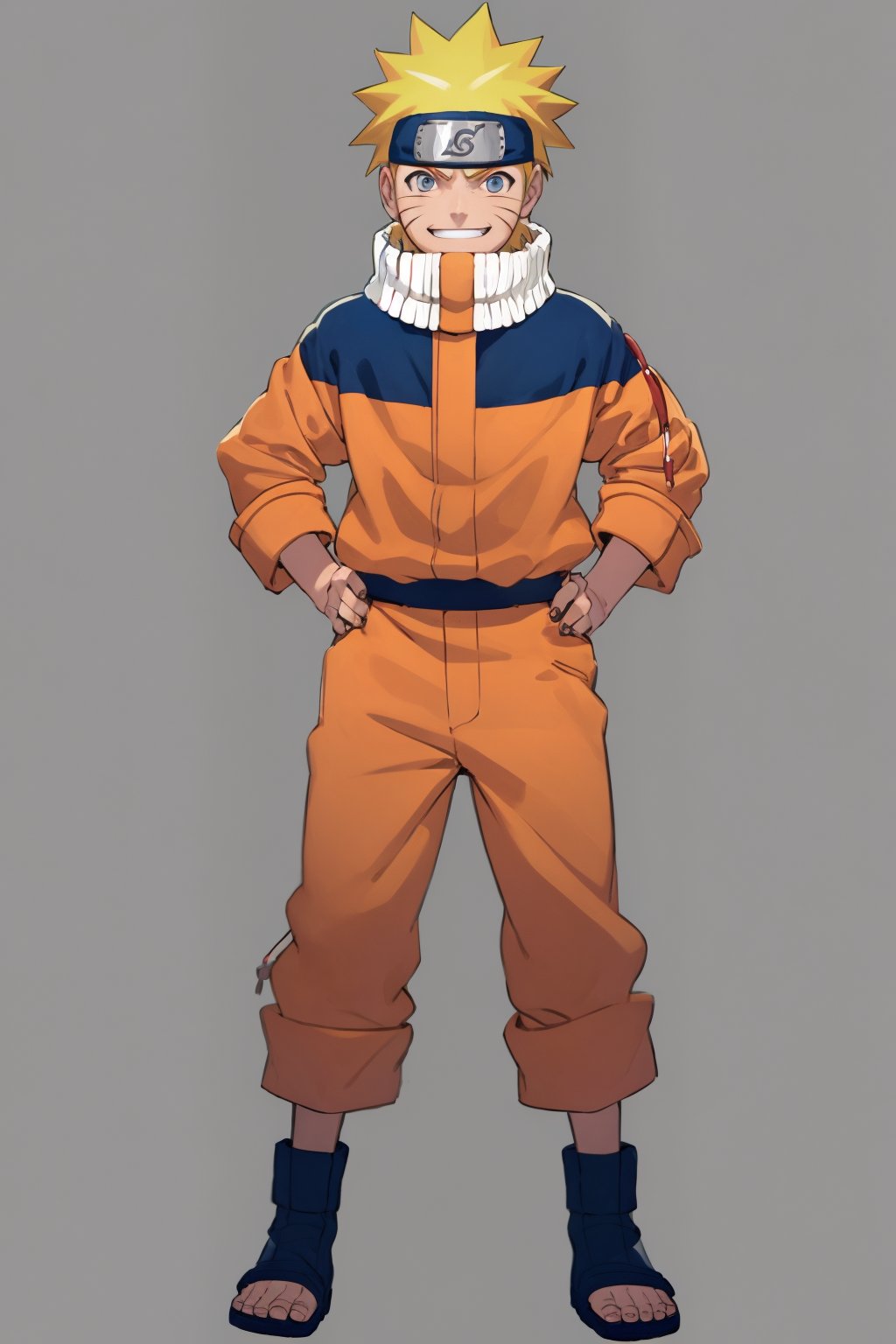 masterpiece, best quality, 1boy, uzumaki naruto, blonde hair,  spiked hair, blue eyes,  whisker markings, facial mark,  forehead protector, , konohagakure symbol, jumpsuit, toeless footwear, full body, hands on hips, looking at viewer, smile, solo, standing, simple background <lora:Naruto:1>