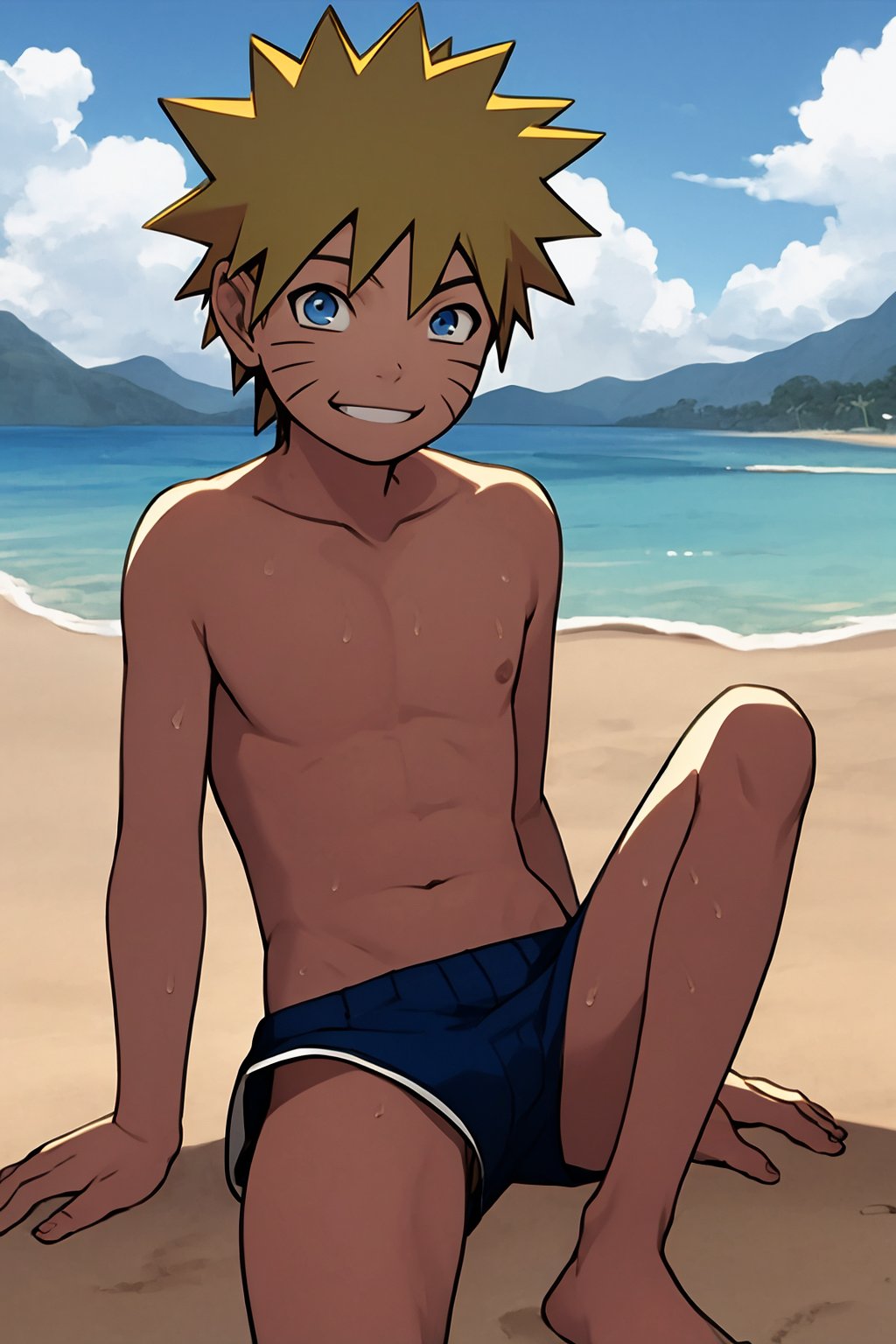 masterpiece, best quality, 1boy, uzumaki naruto, blonde hair,  spiked hair, blue eyes,  whisker markings, facial mark,  topless, swim shorts, barefoot,sitting, looking at viewer, smile, solo, sea, sand, blue sky, tropical island background <lora:Naruto:1>