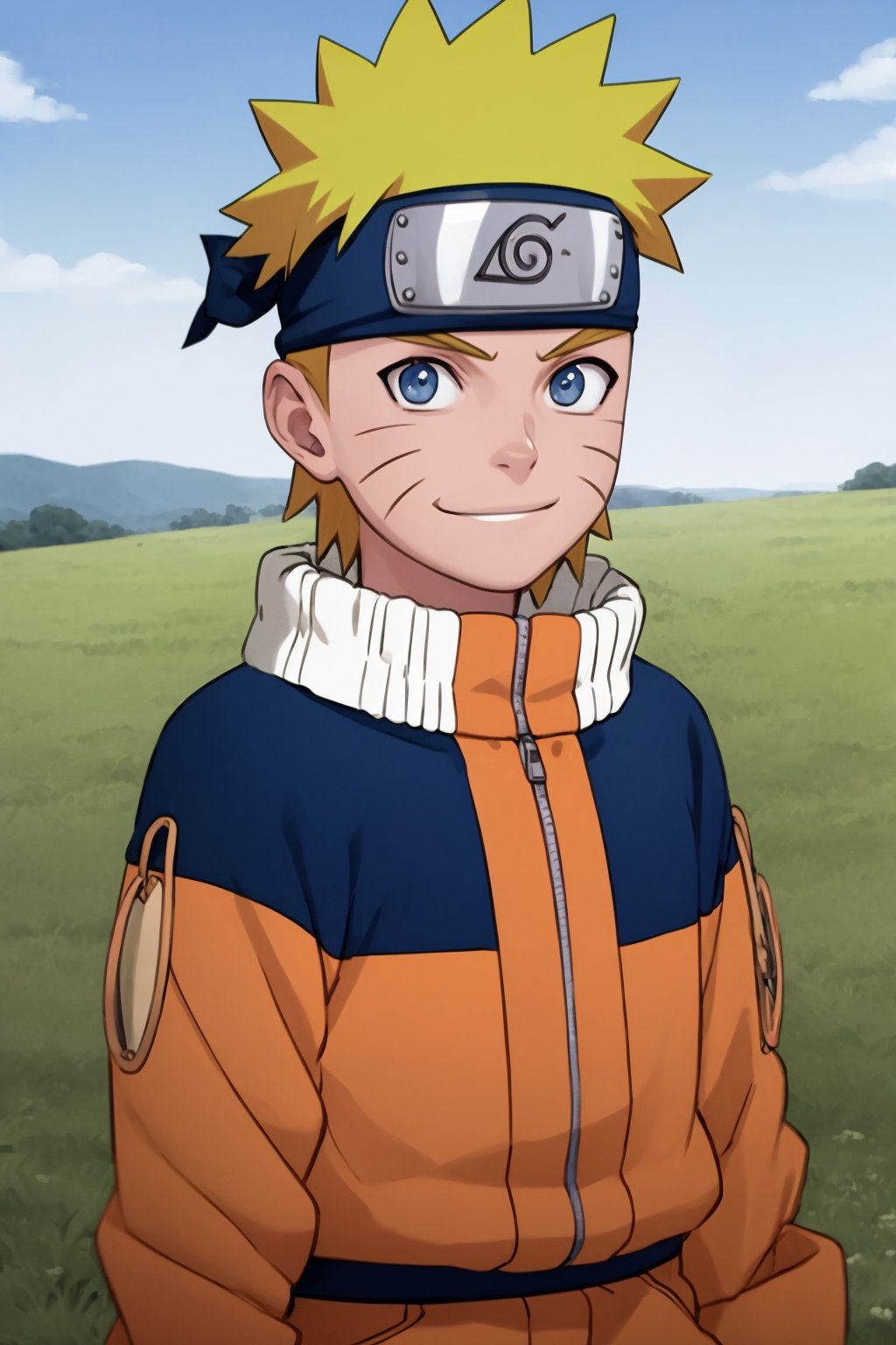 masterpiece, best quality, 1boy, uzumaki naruto, blonde hair,  spiked hair, blue eyes,  whisker markings, facial mark,  forehead protector, , konohagakure symbol, jumpsuit, upper body, looking at viewer, smile, solo, meadow background <lora:Naruto:1>