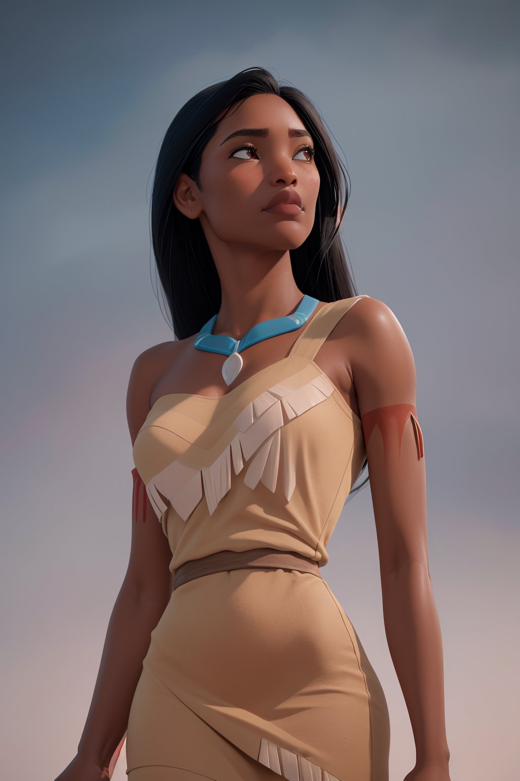 masterpiece, best quality, 1girl, pocahontas, black hair, long hair, dark skin, dress,medium breasts, (looking at viewer), upper body, standing, desaturated background,bokeh,dark theme,soothing tones,muted colors,high contrast,(natural skin texture, hyperrealism, soft light, sharp),(close-up shot) artistic photoshoot <lora:Pocahontas:1>