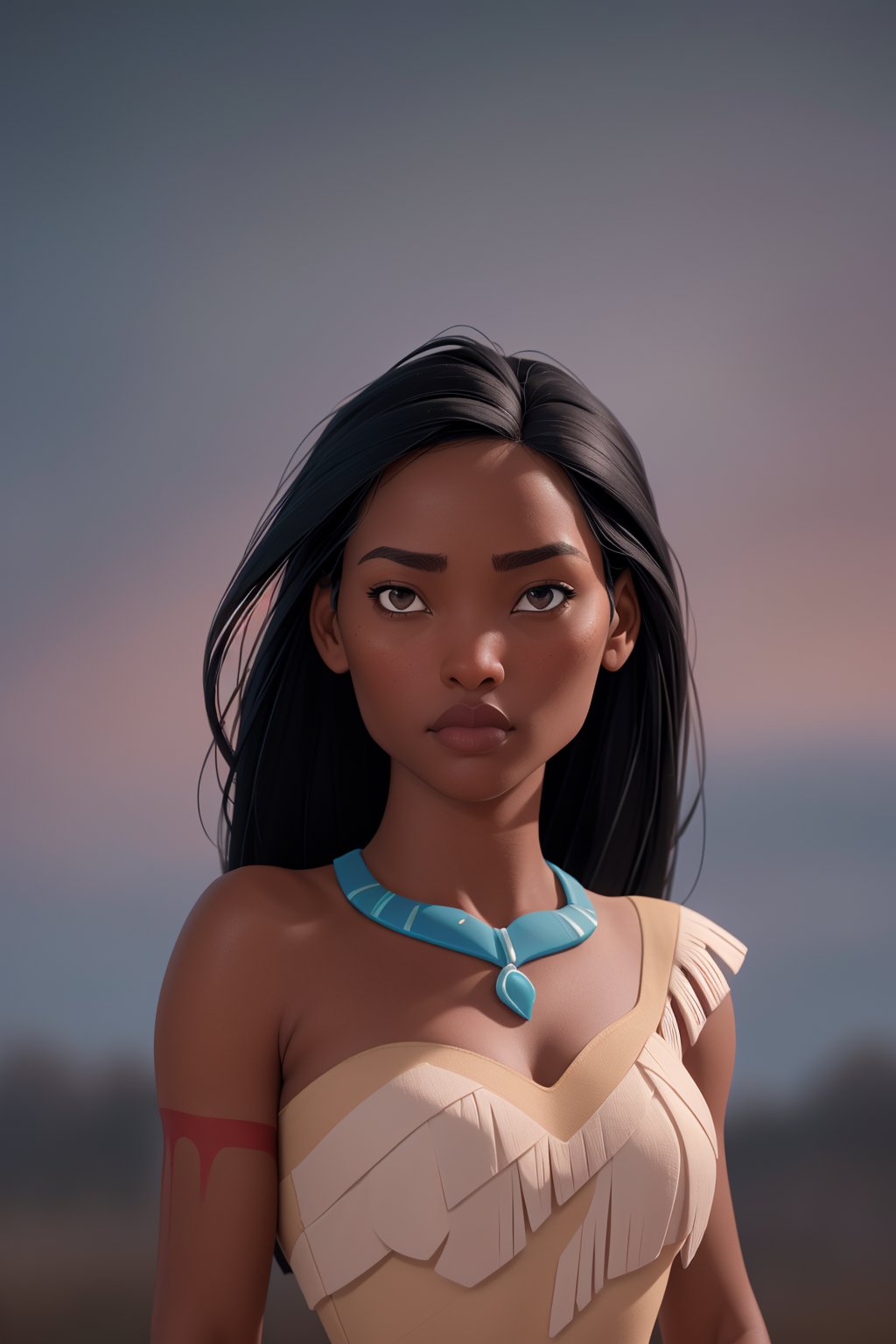 masterpiece, best quality, 1girl, pocahontas, black hair, long hair, dark skin, dress,medium breasts, (looking at viewer), upper body, standing, desaturated background,bokeh,dark theme,soothing tones,muted colors,high contrast,(natural skin texture, hyperrealism, soft light, sharp),(close-up shot) artistic photoshoot <lora:Pocahontas:1>