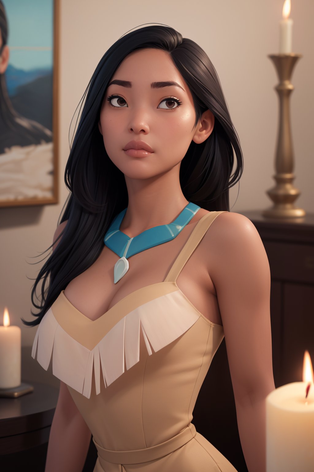 (Painting:1.3),1girl,pocahontas, dark skin, solo,quarter turn,1/4 body pose,upper body view,eyes focus,looking at the viewer,(flirty facial expression:1.3),black eyes, dress, luxurious spa with candlelit ambiance,(masterpiece, best quality, absurdres, detailed, ultra-detailed:1.3),alluring,(trending on CGSociety, trending on pixiv, contest winner:1.3) <lora:Pocahontas:1>