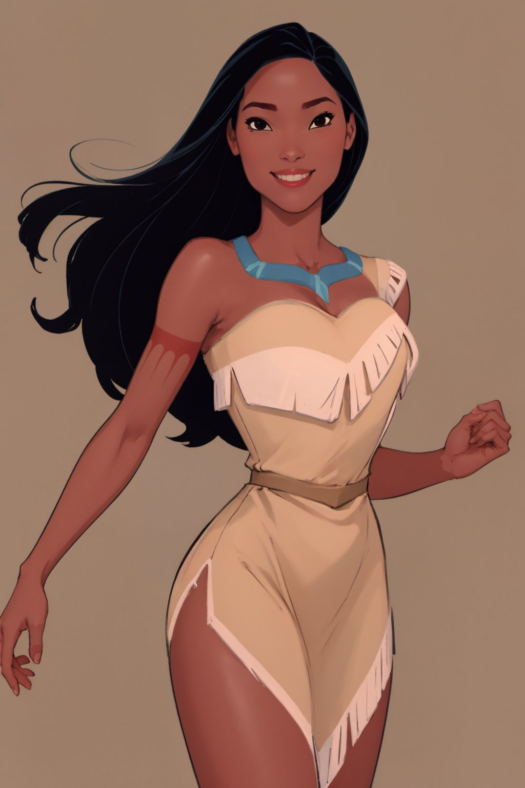 masterpiece, best quality, 1girl, pocahontas, dark skin, black hair, long hair, (floating hair:0.5), black eyes, smile, sketch, simple background   <lora:Pocahontas:1>