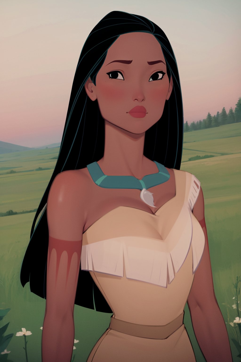 masterpiece, best quality, 1girl, pocahontas, dark skin, black hair, long hair, (floating hair:0.5), black eyes, native american, upper body, sketch, looking at viewer, night, meadow background  <lora:Pocahontas:1>