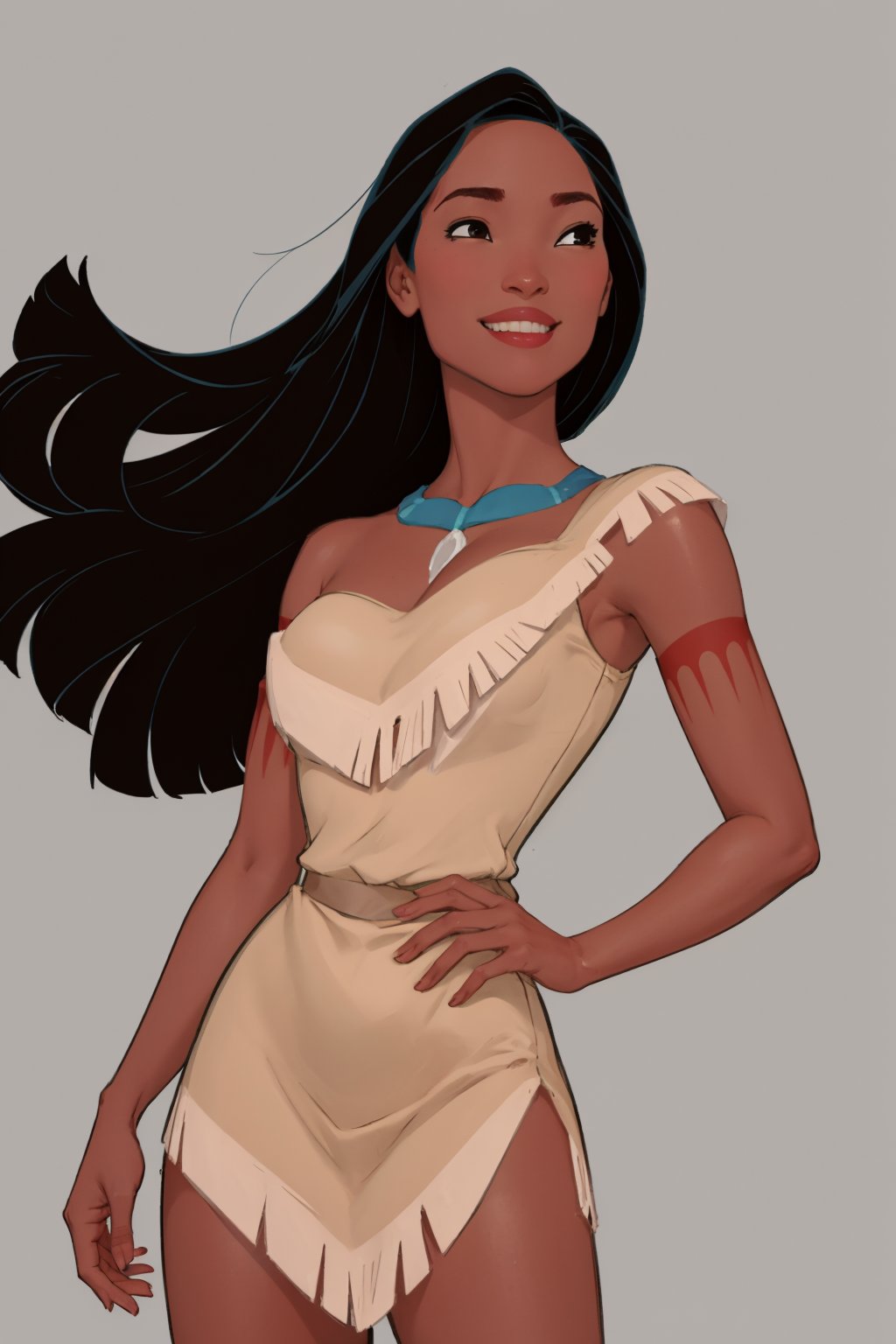 masterpiece, best quality, 1girl, pocahontas, dark skin, black hair, long hair, (floating hair:0.5), black eyes, smile, sketch, simple background   <lora:Pocahontas:1>